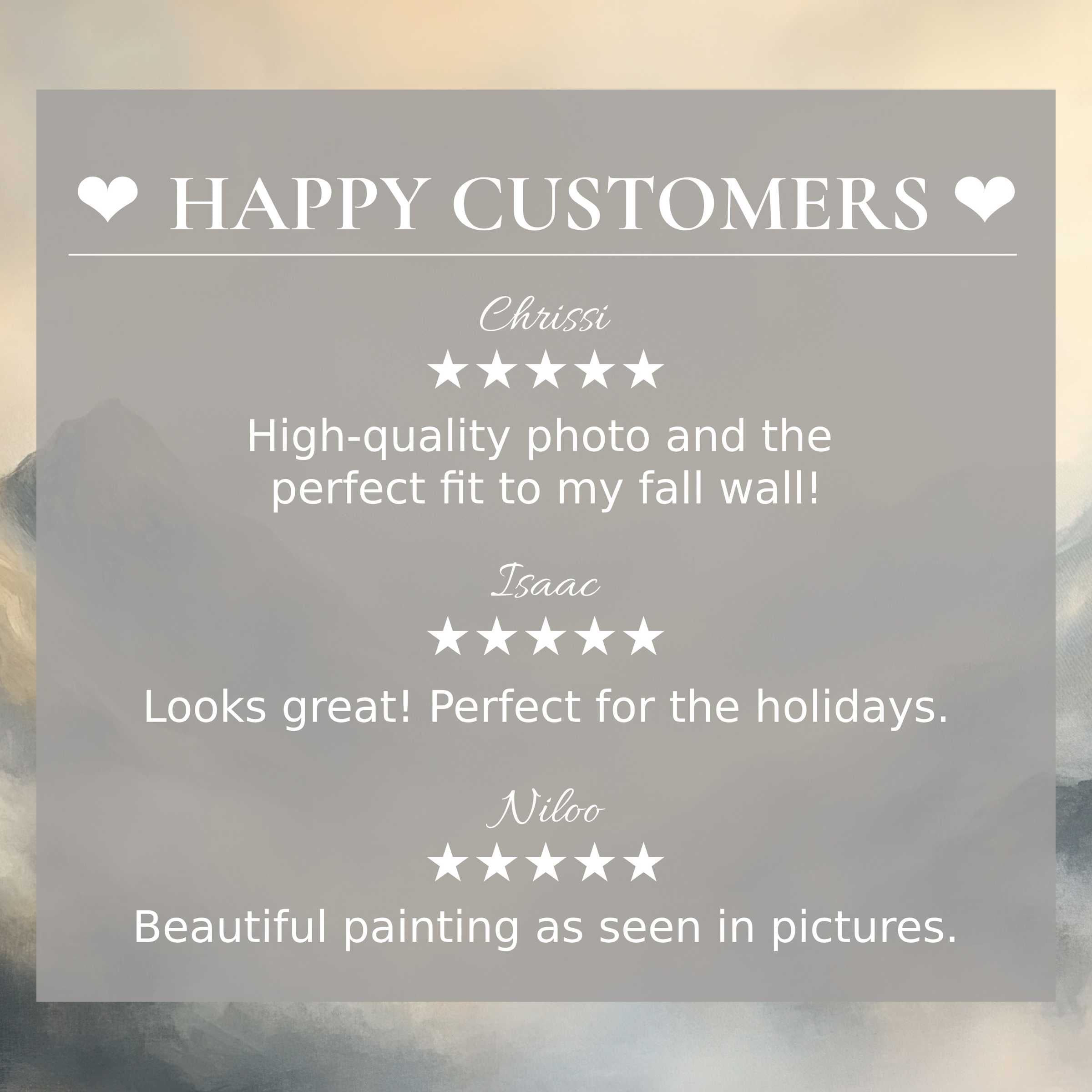 Elegant landscape art for Frame TV with abstract misty tones, showcasing happy customer reviews that build trust