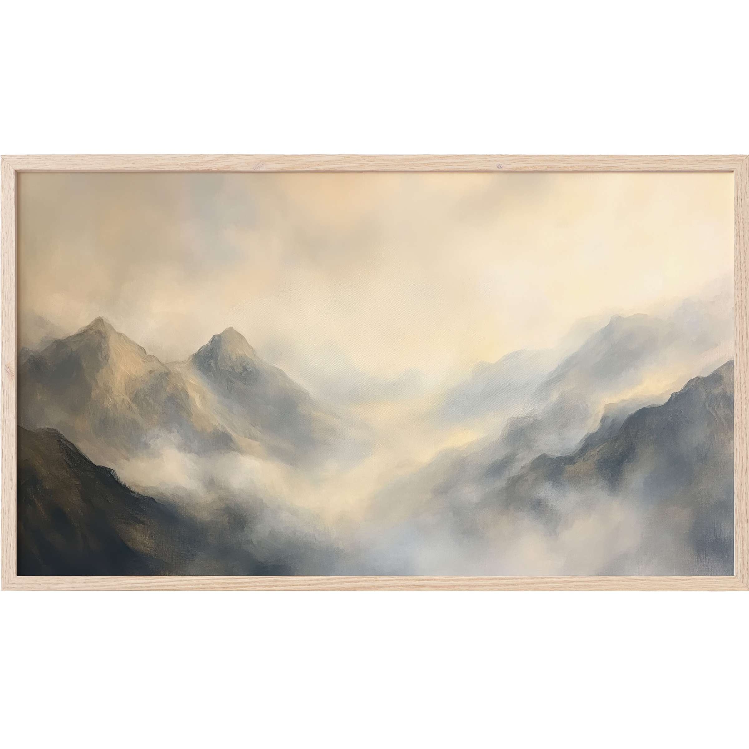 Mist-shrouded mountains in muted grays and soft beiges evoke calm serenity in this landscape Frame TV Art
