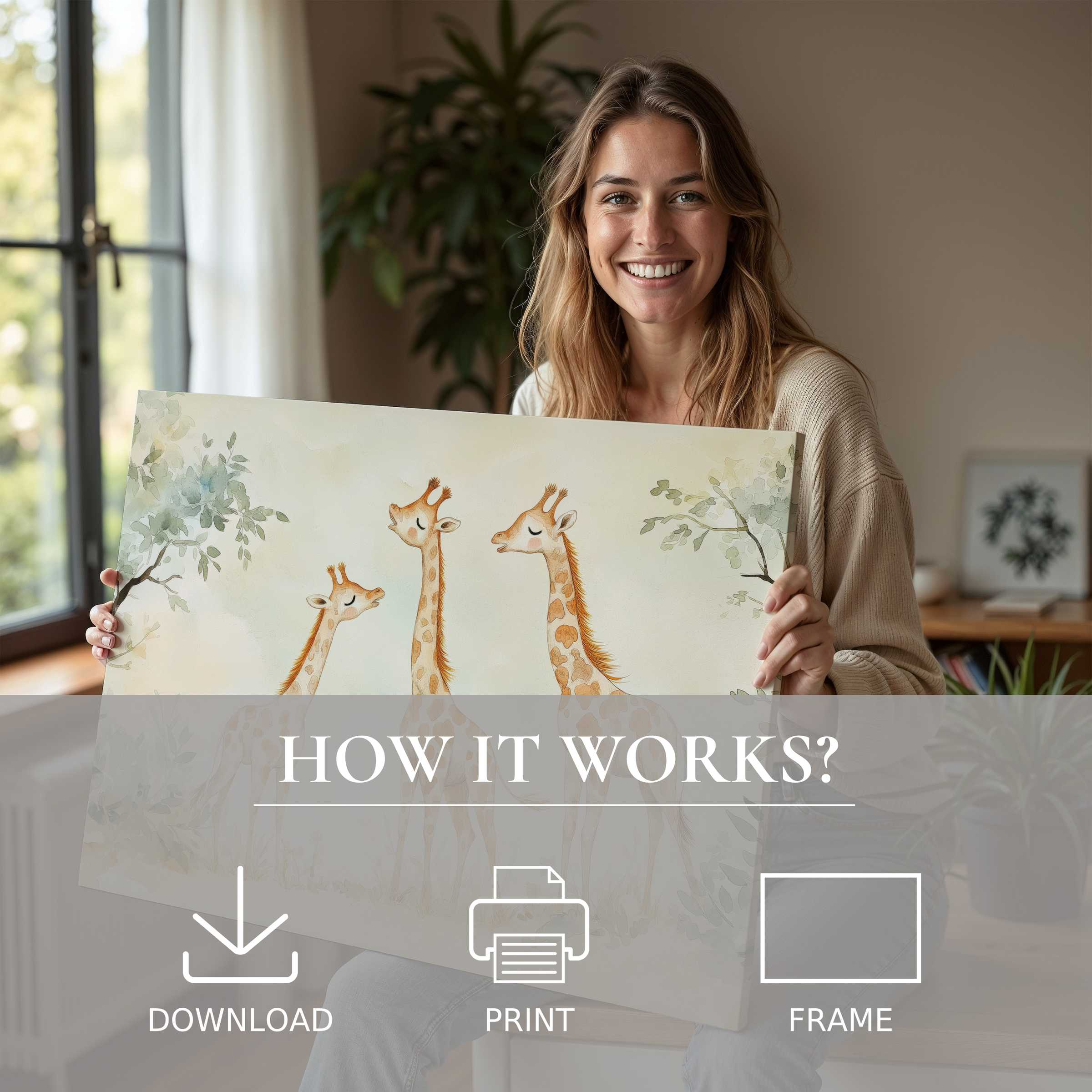 A serene moment captures the joy of living with nursery digital art print-graceful giraffes in soft tones enrich a modern home