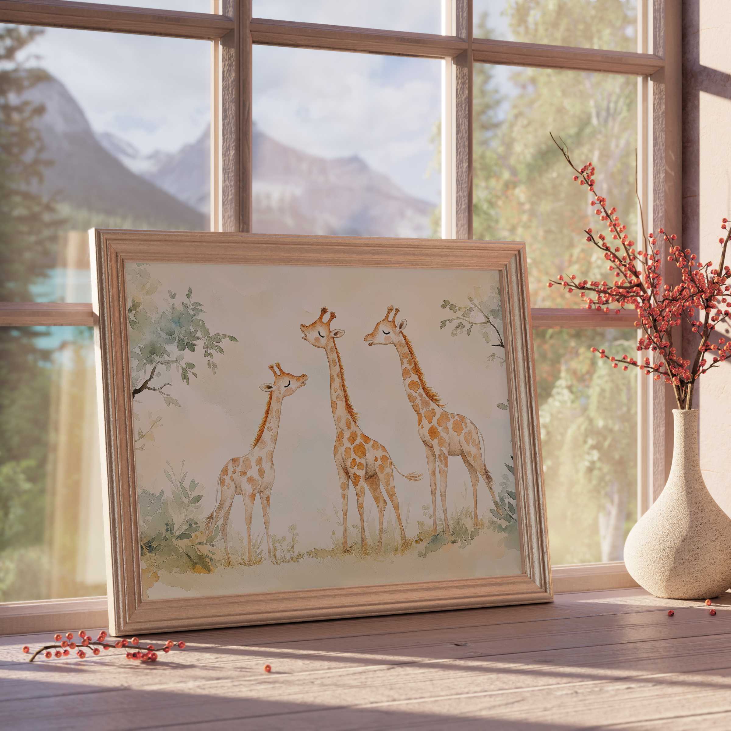 Nursery downloadable art of serene giraffe trio in soft watercolor tones, elevating tranquil, stylish kids’ interiors with subtle botanical accents