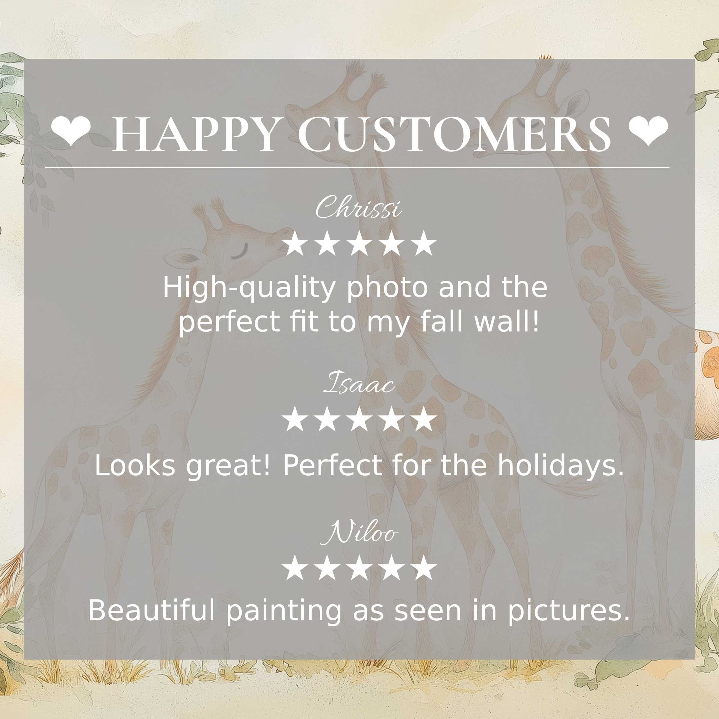 Nursery art for Frame TV with soft giraffe illustration and glowing reviews builds trust from happy customer feedback