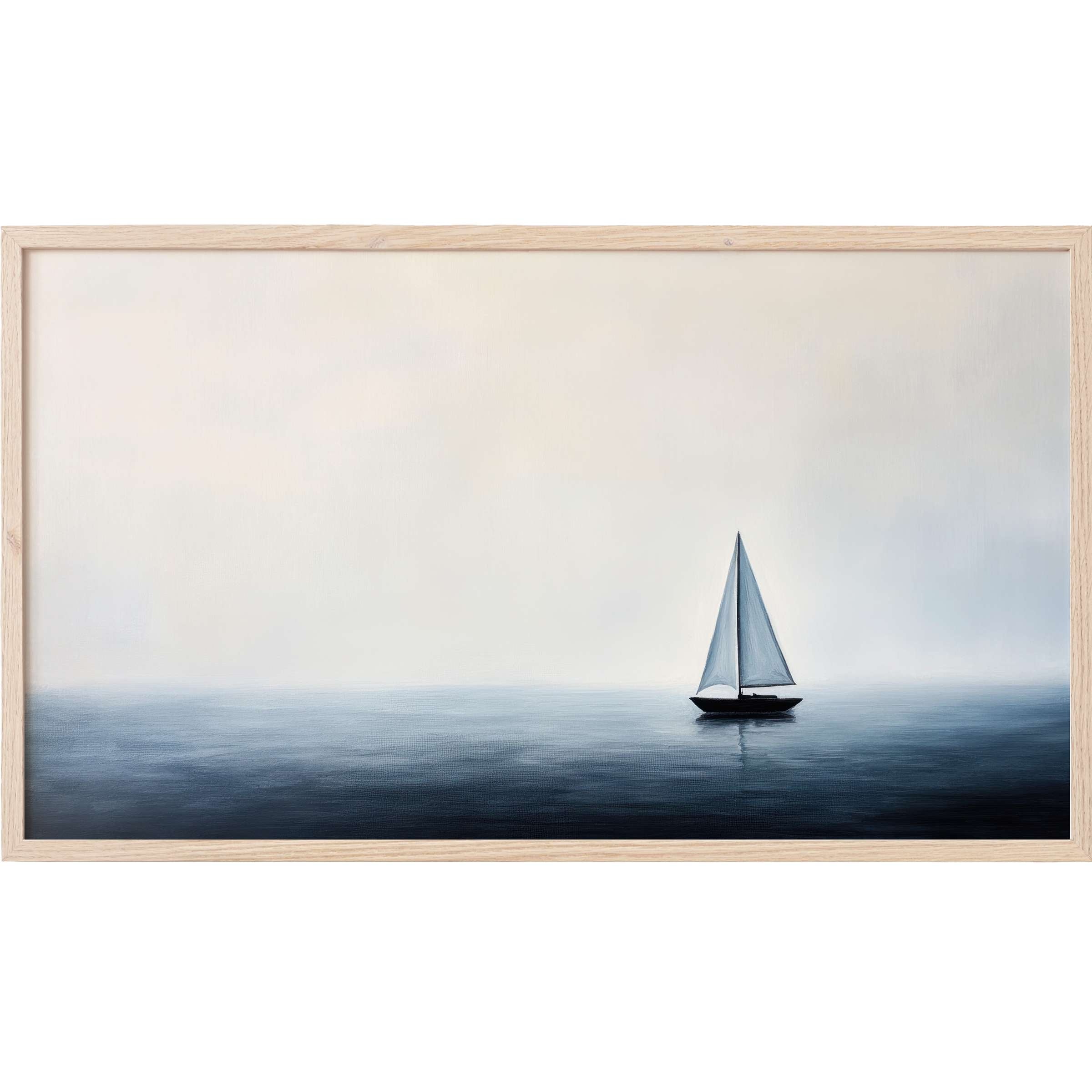 Minimalist Frame TV Art featuring a solitary sailboat on serene misty waters in soft blues and grays