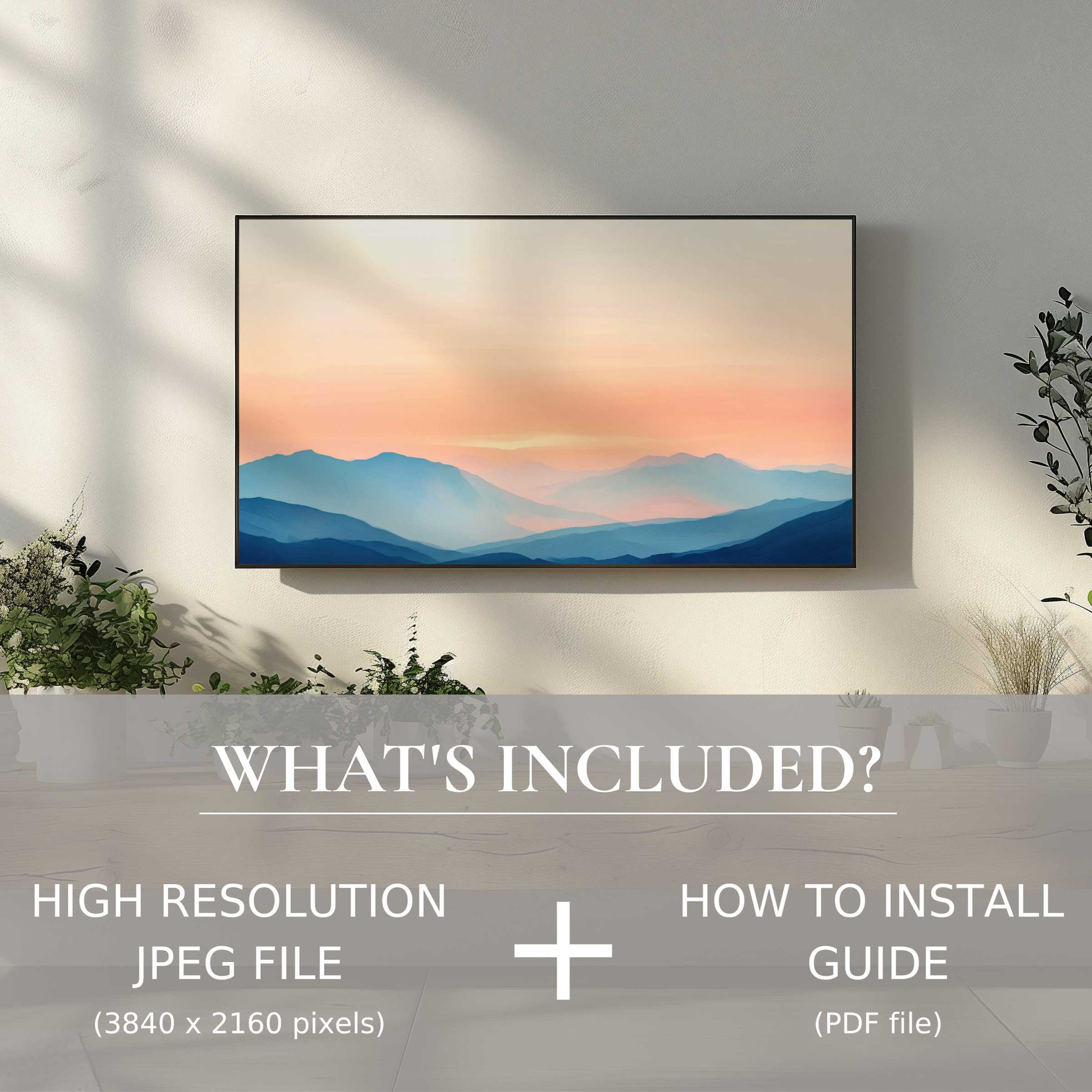Elegant living space featuring a serene mountain scene as a neutral digital TV art download for easy stylish decor