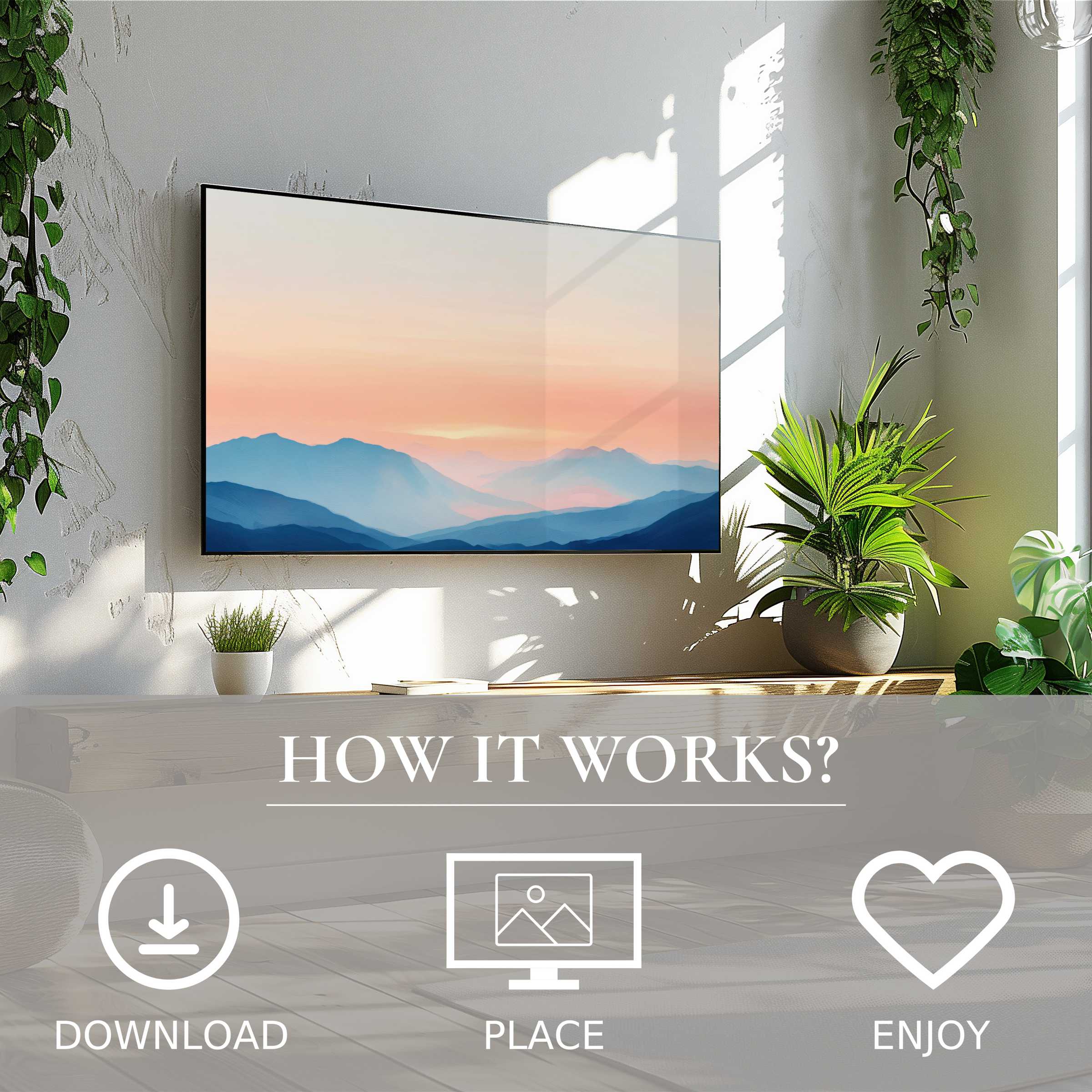 Bright modern room with green plants, neutral art for Samsung TV shows soft sunset tones, easy digital download decor