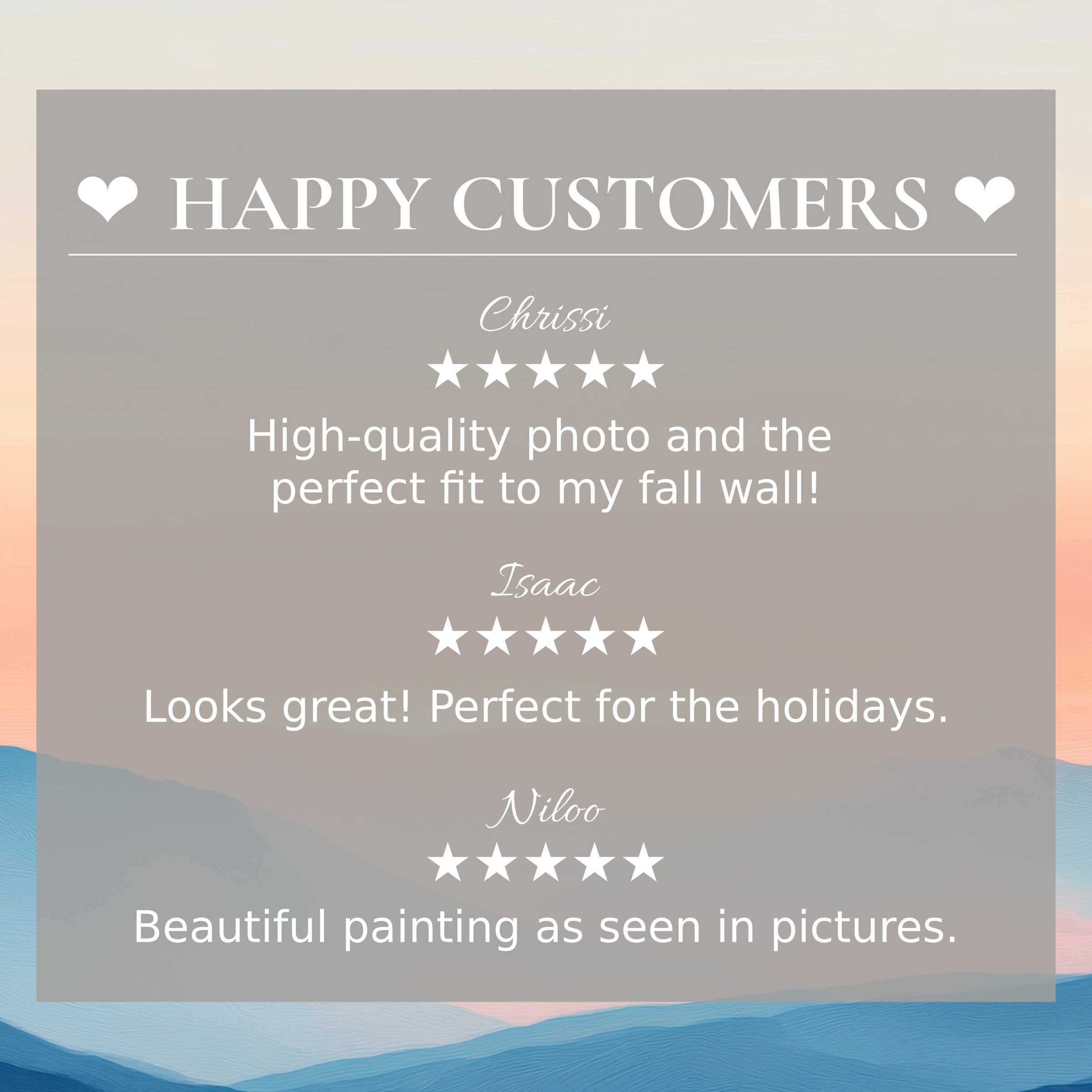 Neutral art for Frame TV with abstract sunset hues; layout highlights elegant style and happy customer reviews