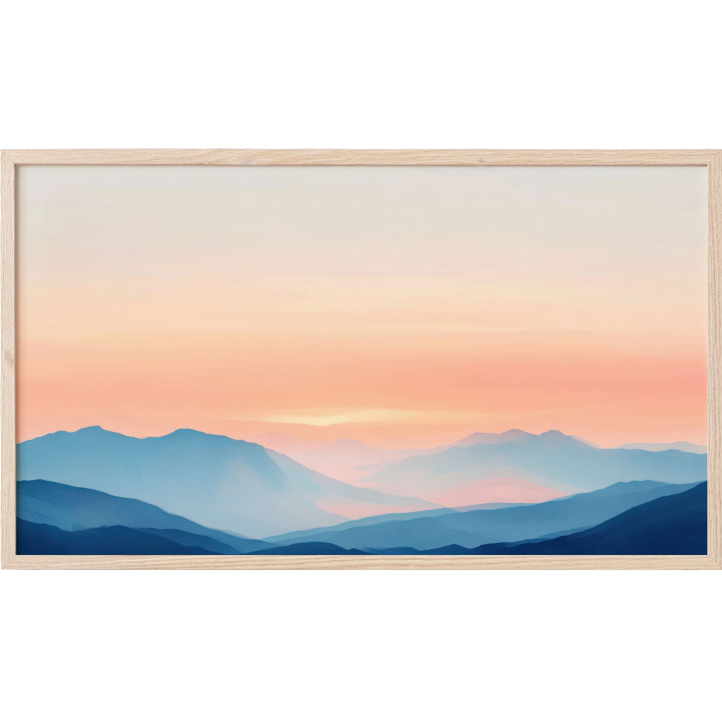 Soft blue mountains fade into a warm peach sky at dawn in this serene neutral Frame TV Art piece