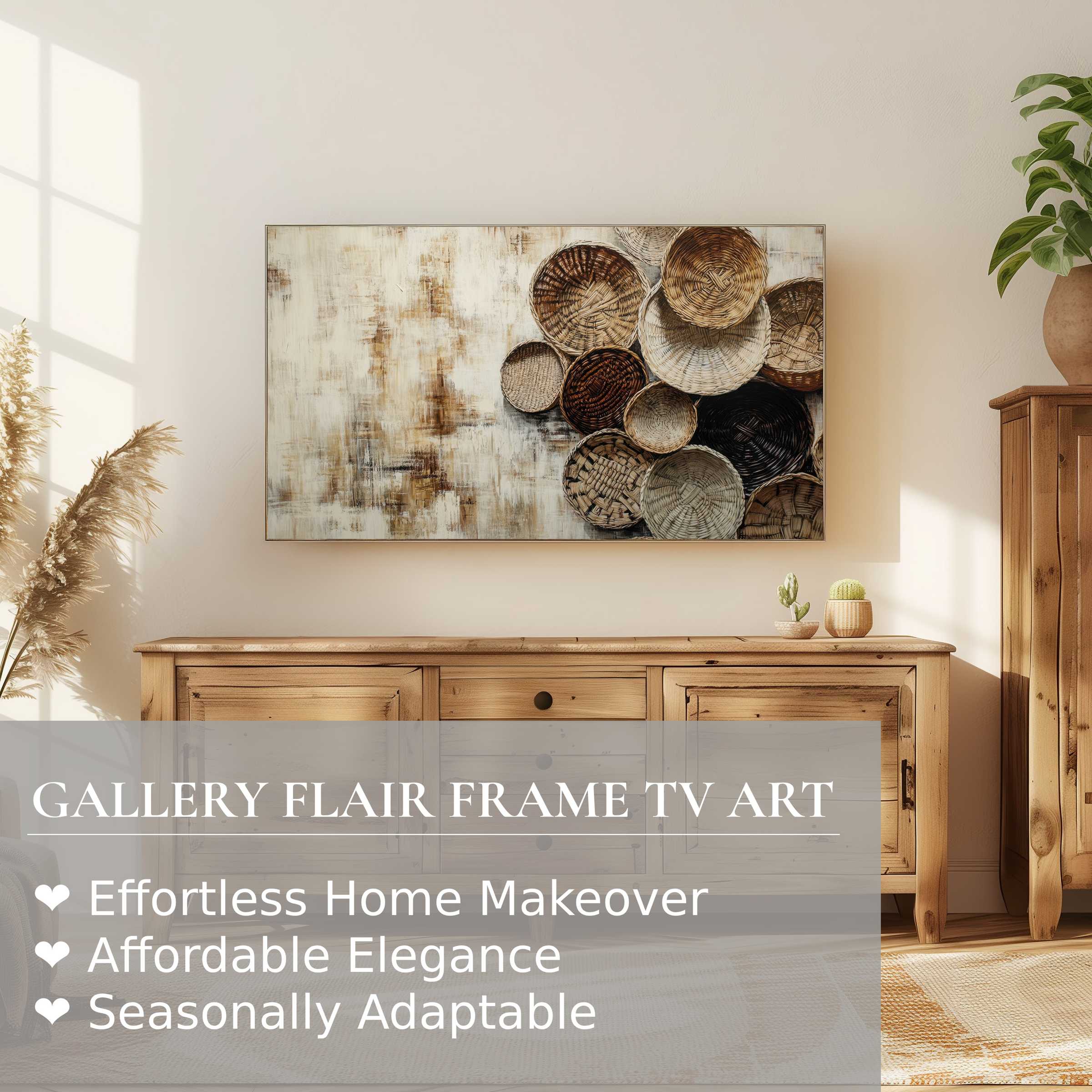 Samsung Frame TV in warm boho digital artwork, styled with natural textures and earth tones for refined home decor