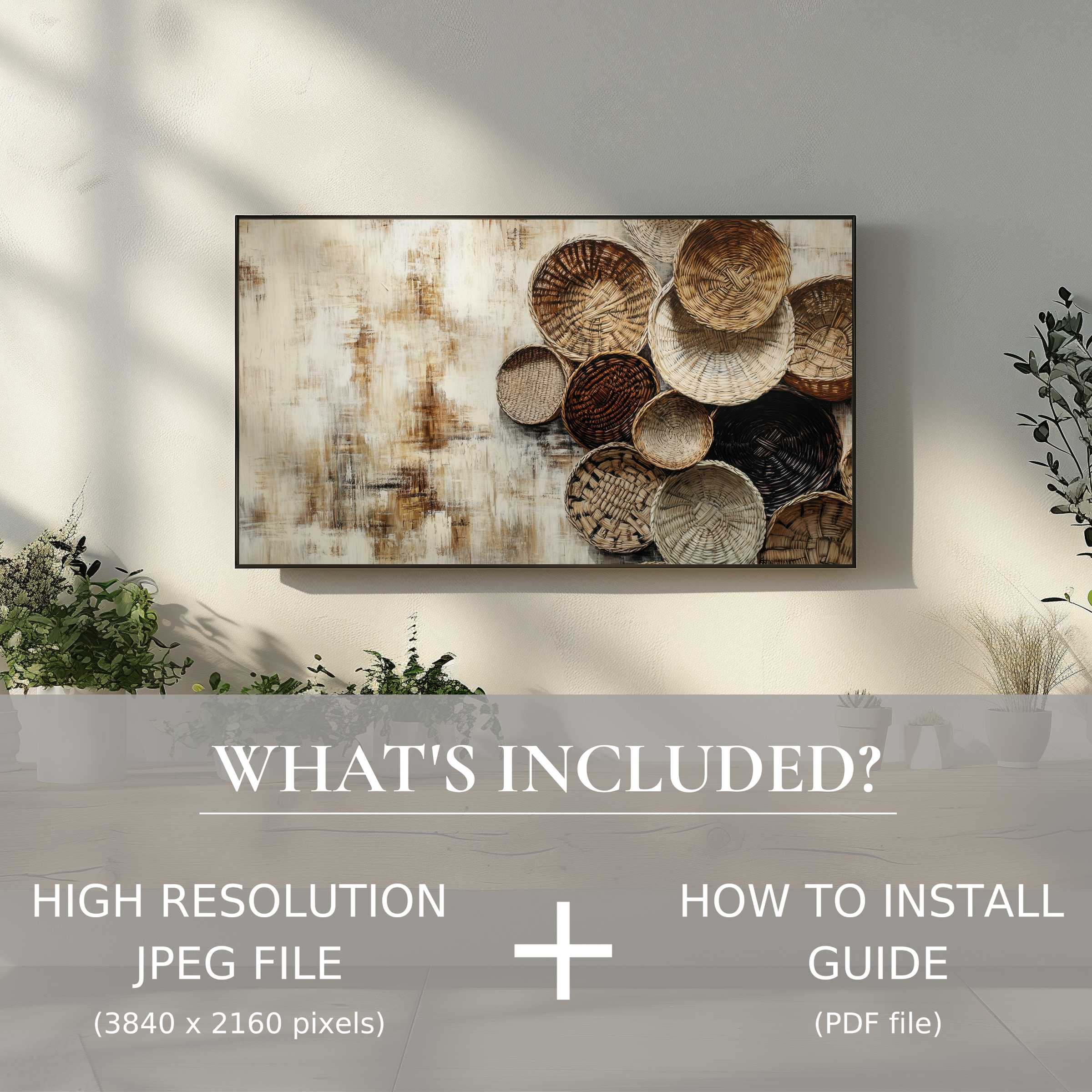Elegant boho digital TV art download enhances living spaces with natural textures; easy digital use for instant style upgrade