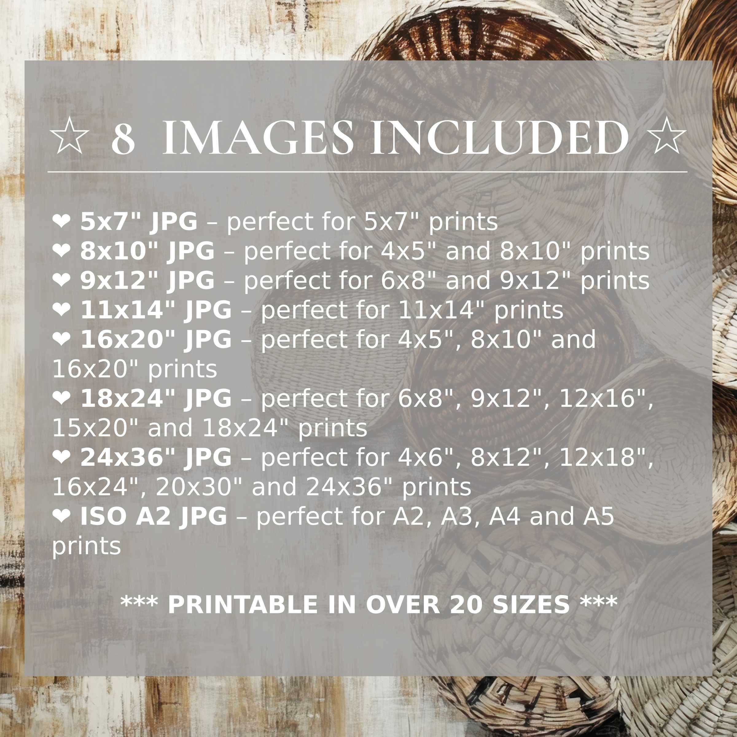 Boho digital print featuring warm earthy tones and textured baskets, available in 8 high-quality sizes to elevate modern interiors with timeless style and versatile elegance