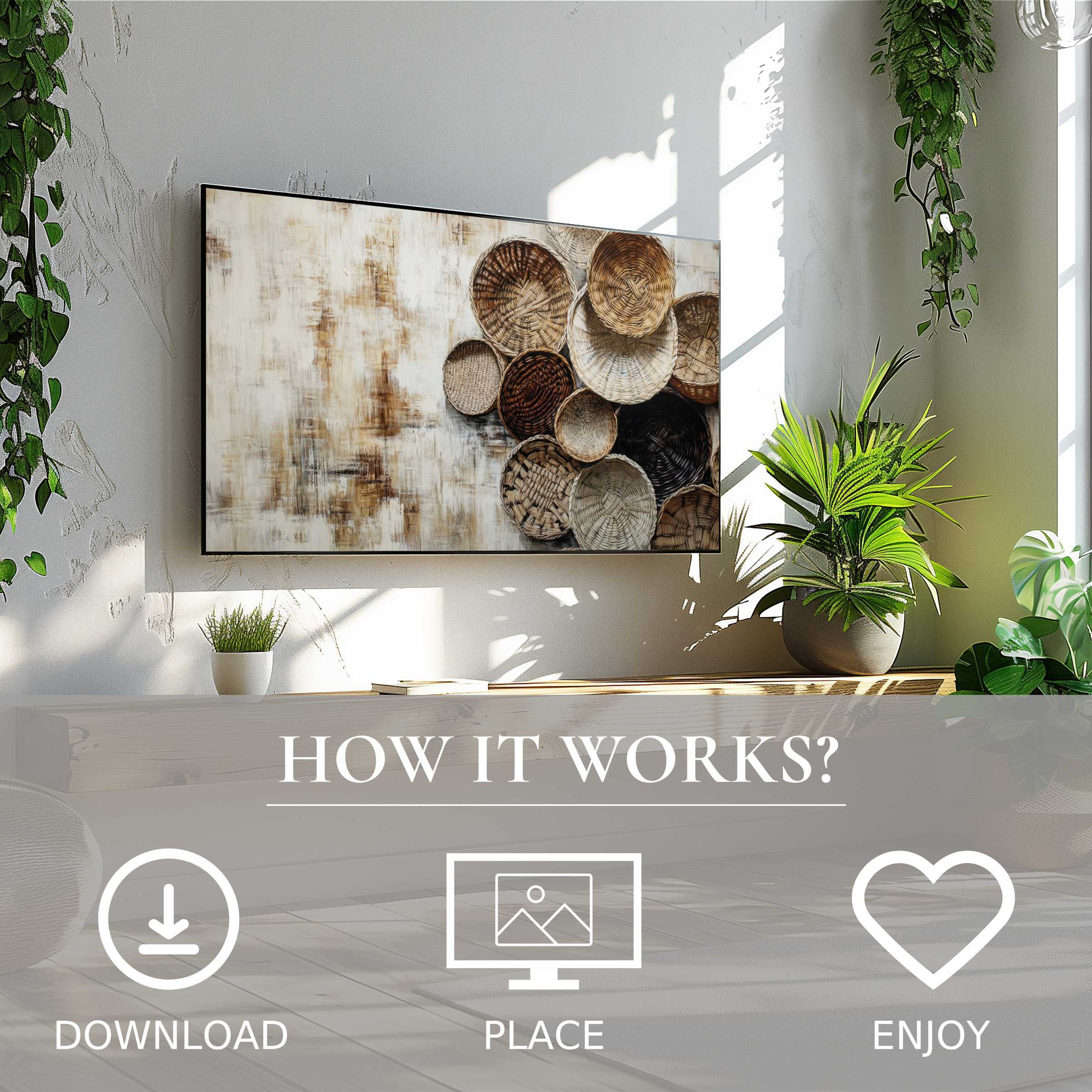 Boho art for Samsung TV featuring woven basket motif in neutral tones, easy digital download elevates stylish living spaces