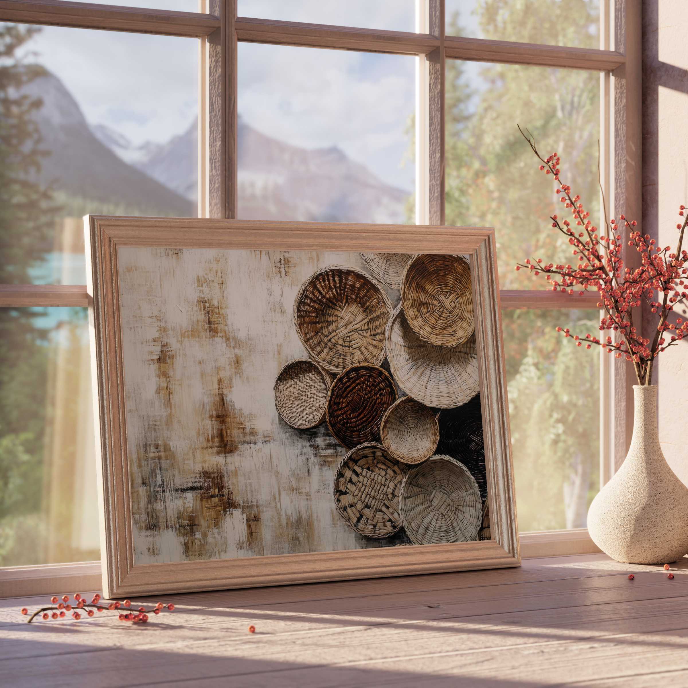 Boho downloadable art featuring textured woven baskets in warm earth tones, perfect for curated, tranquil interiors