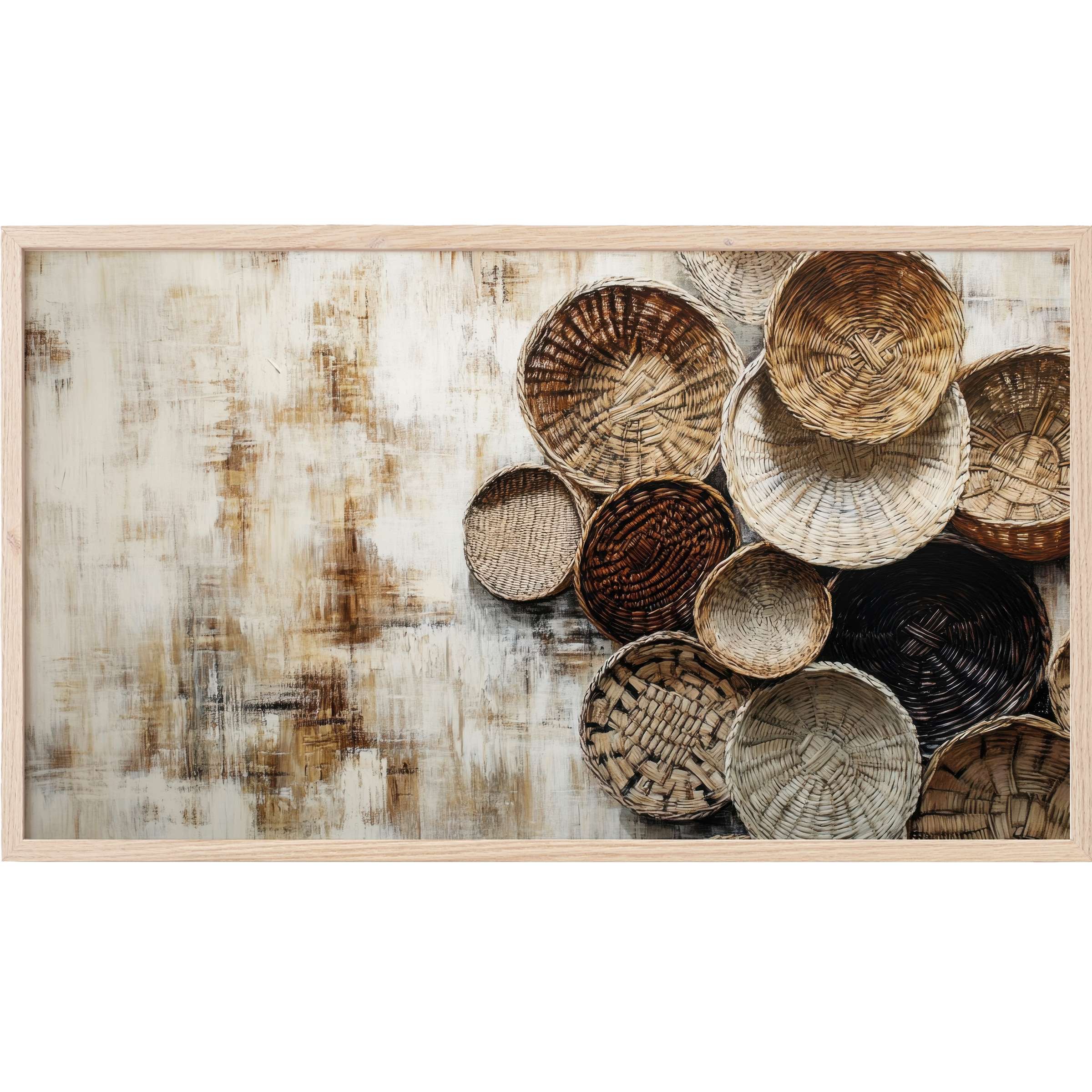 Boho Frame TV Art featuring textured woven baskets in warm earth tones against a distressed neutral backdrop