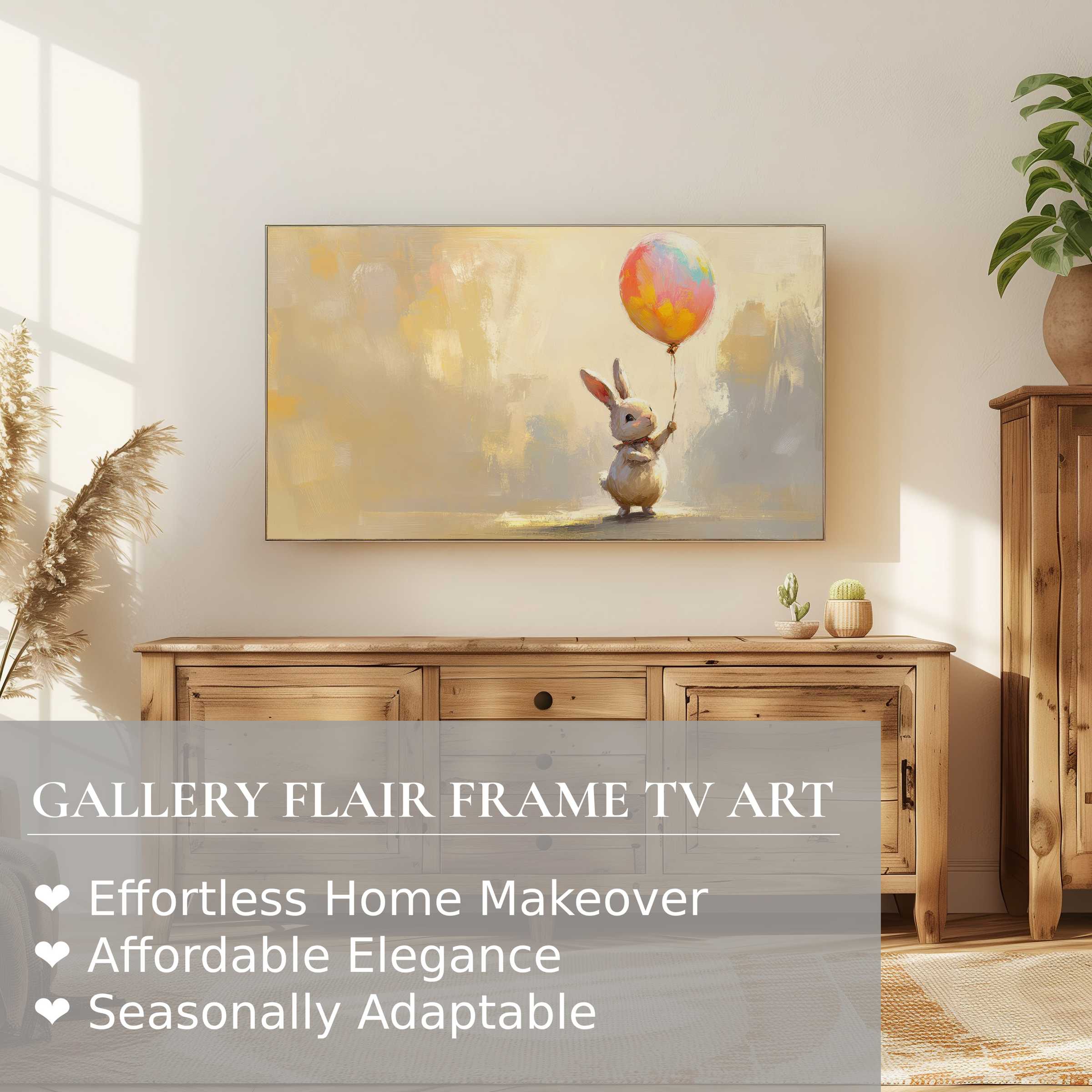 Samsung Frame TV displays elegant easter digital artwork: soft pastel bunny with balloon in a modern, minimalist room