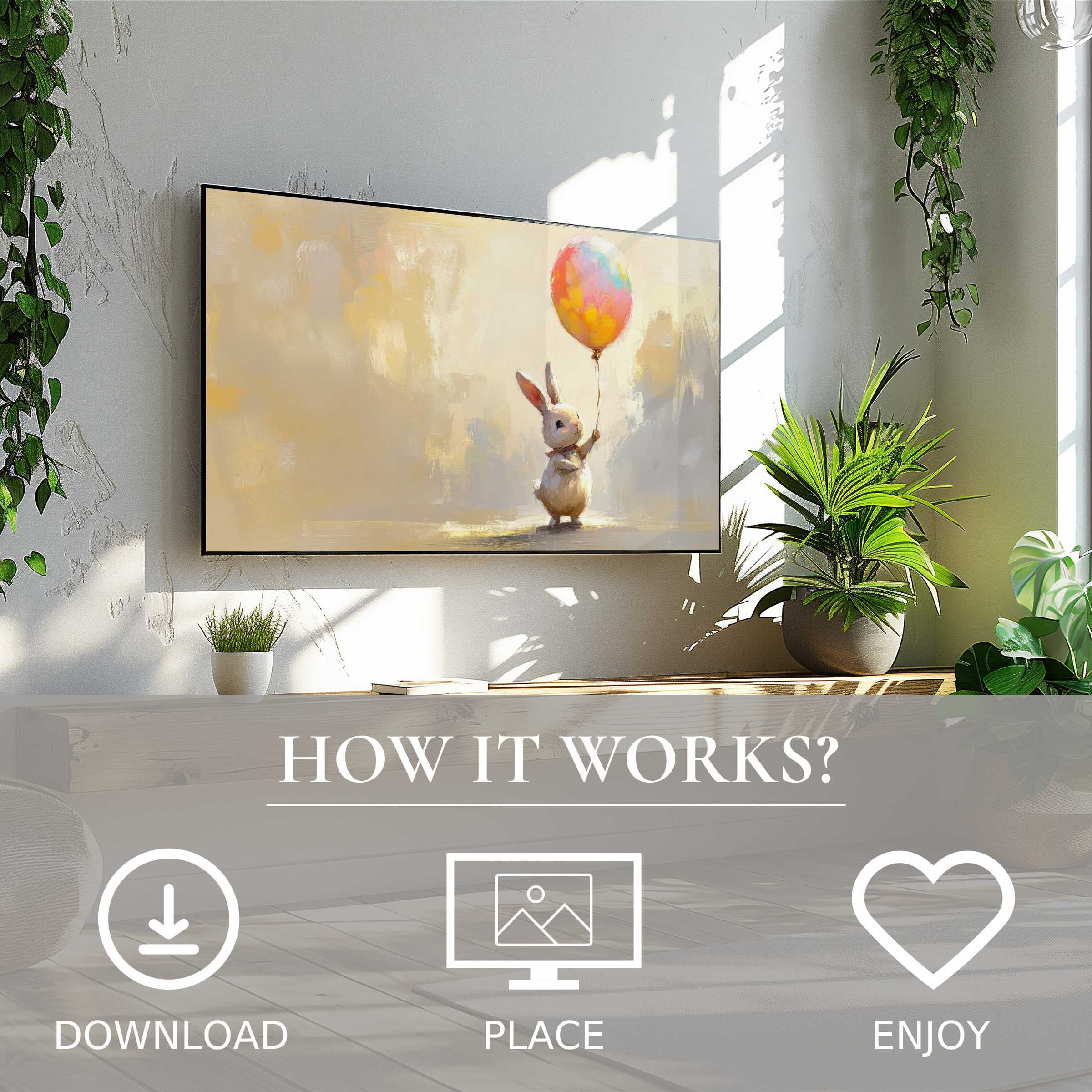 Modern living room with easter art for Samsung TV showing a soft pastel bunny and balloon motif, easy digital download