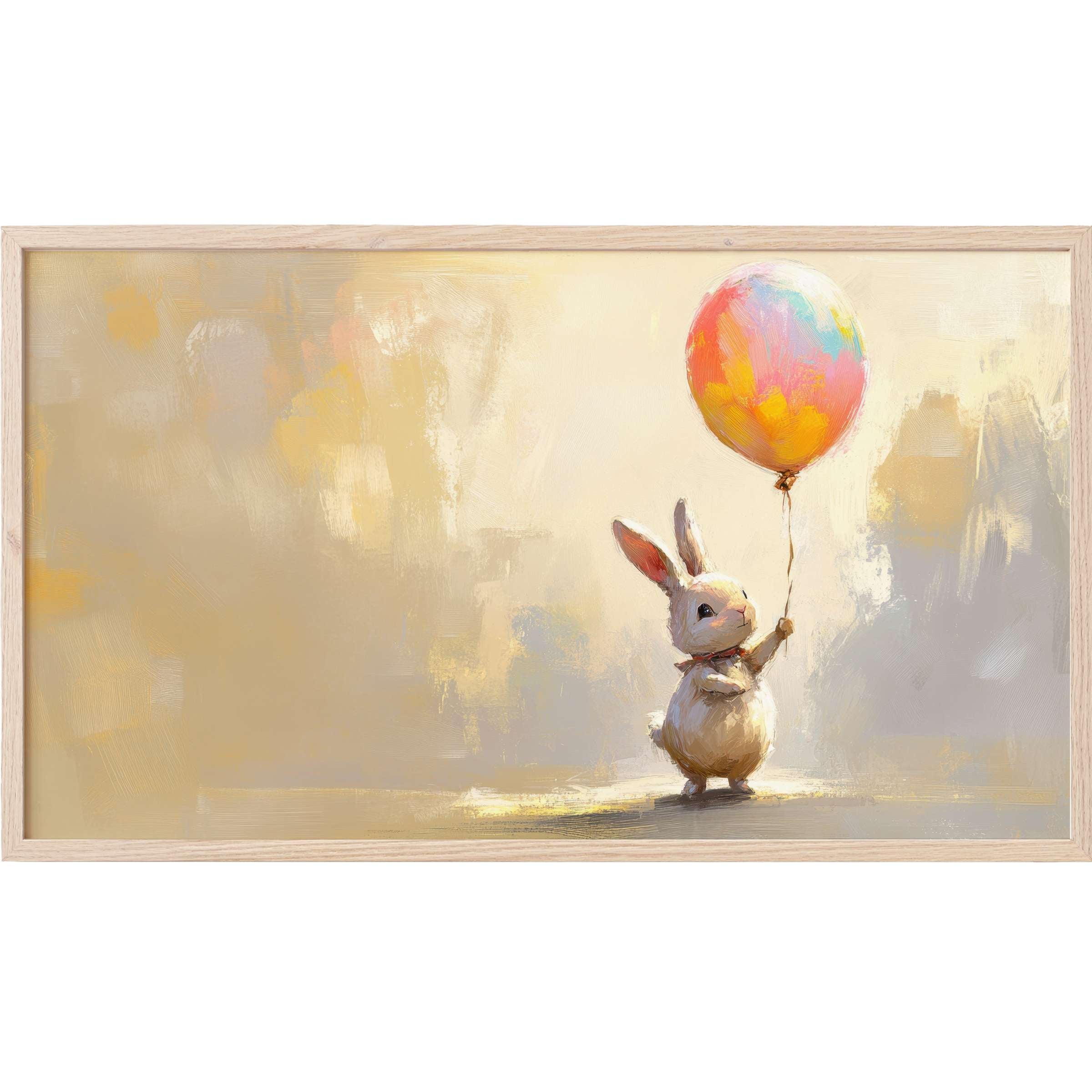 Charming easter Frame TV Art of a soft bunny holding a pastel, colorful balloon on a warm textured background