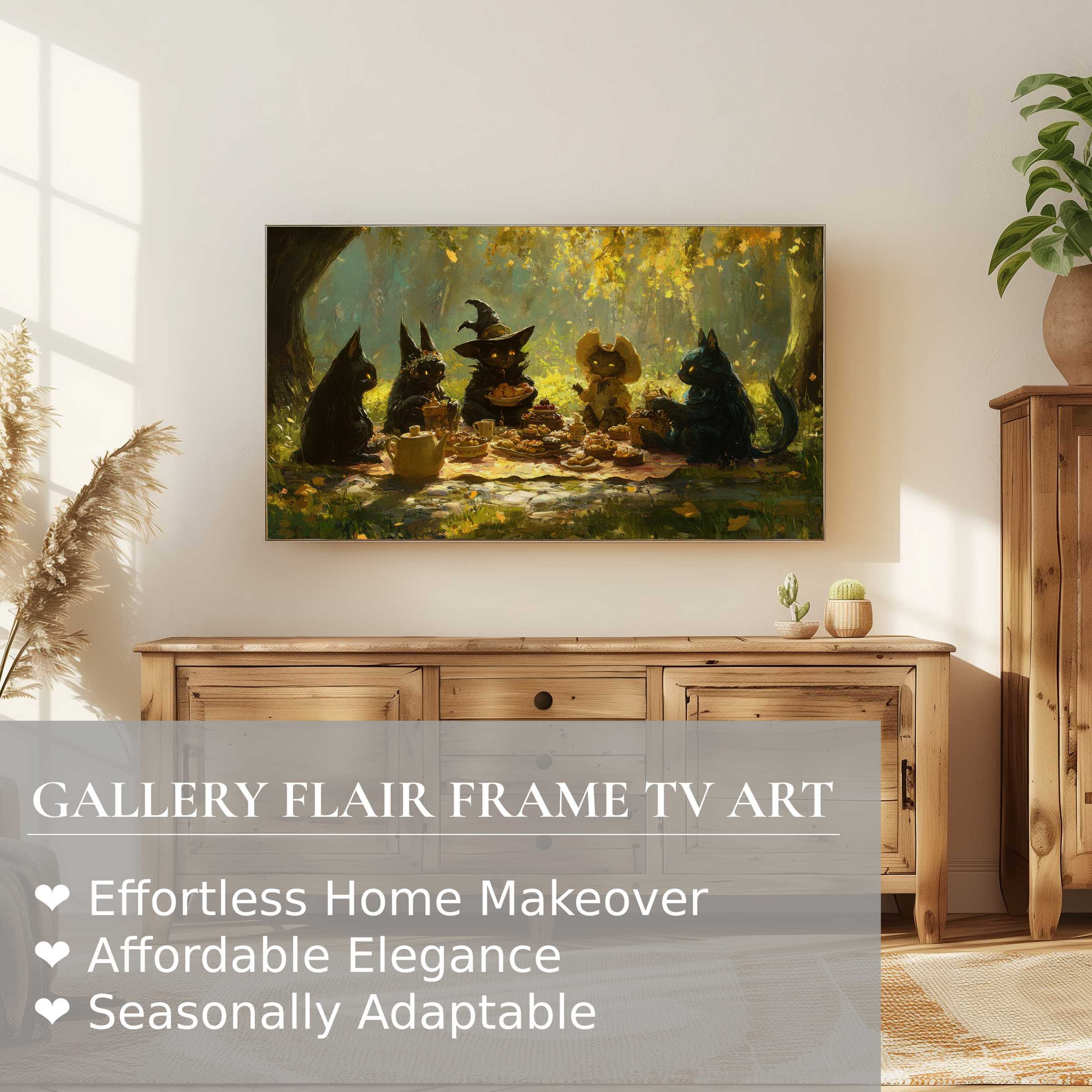 Samsung Frame TV displays warm, painterly halloween digital artwork of whimsical cats in a sunlit forest picnic