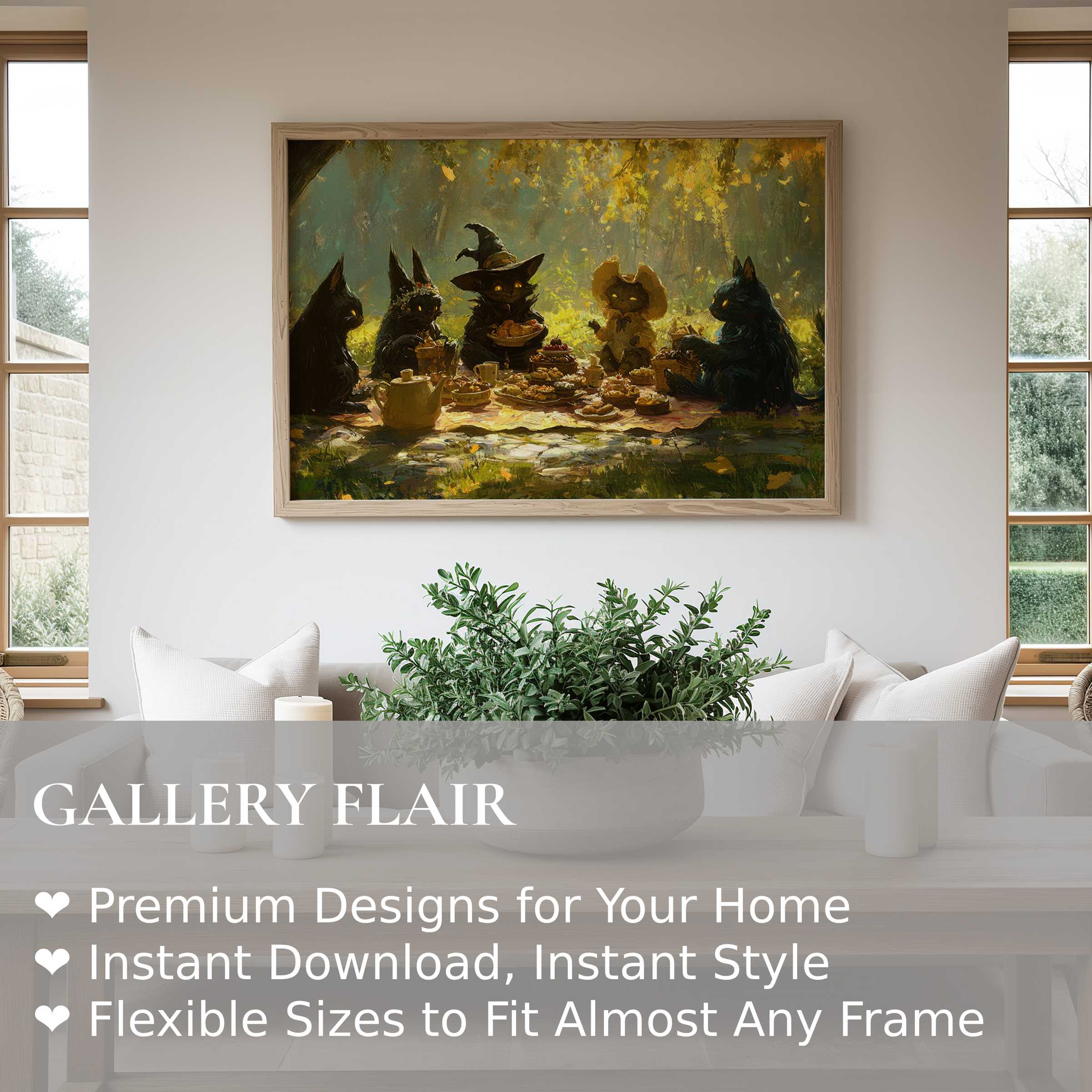 Halloween wall art print showcasing whimsical black cats in a radiant autumn forest, adding enchanting charm to contemporary living spaces