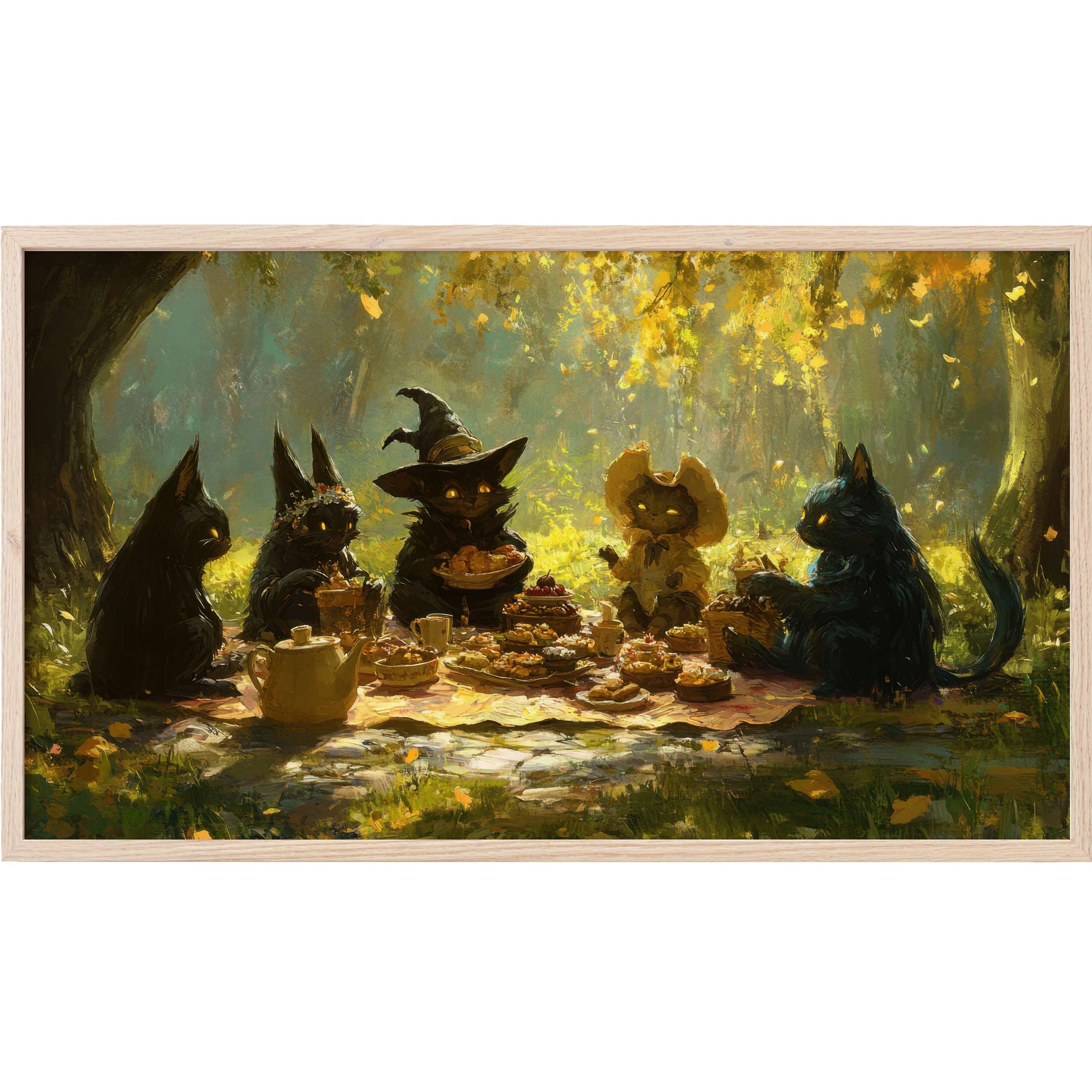 Elegant halloween Frame TV Art with shadowy cats in hats having a picnic, bathed in warm golden autumn hues