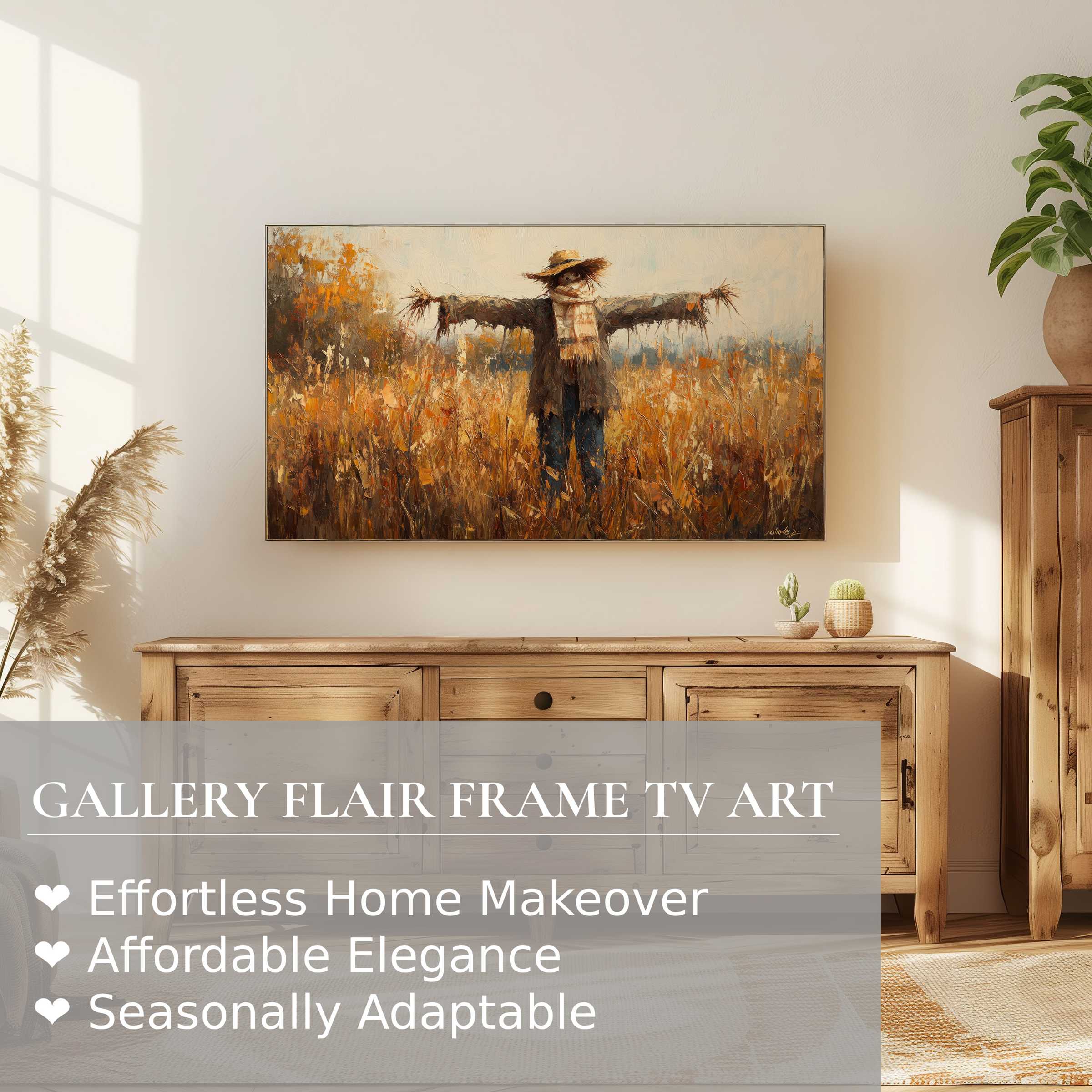 Samsung Frame TV displaying fall digital artwork of a rustic scarecrow in warm, elegant autumn hues
