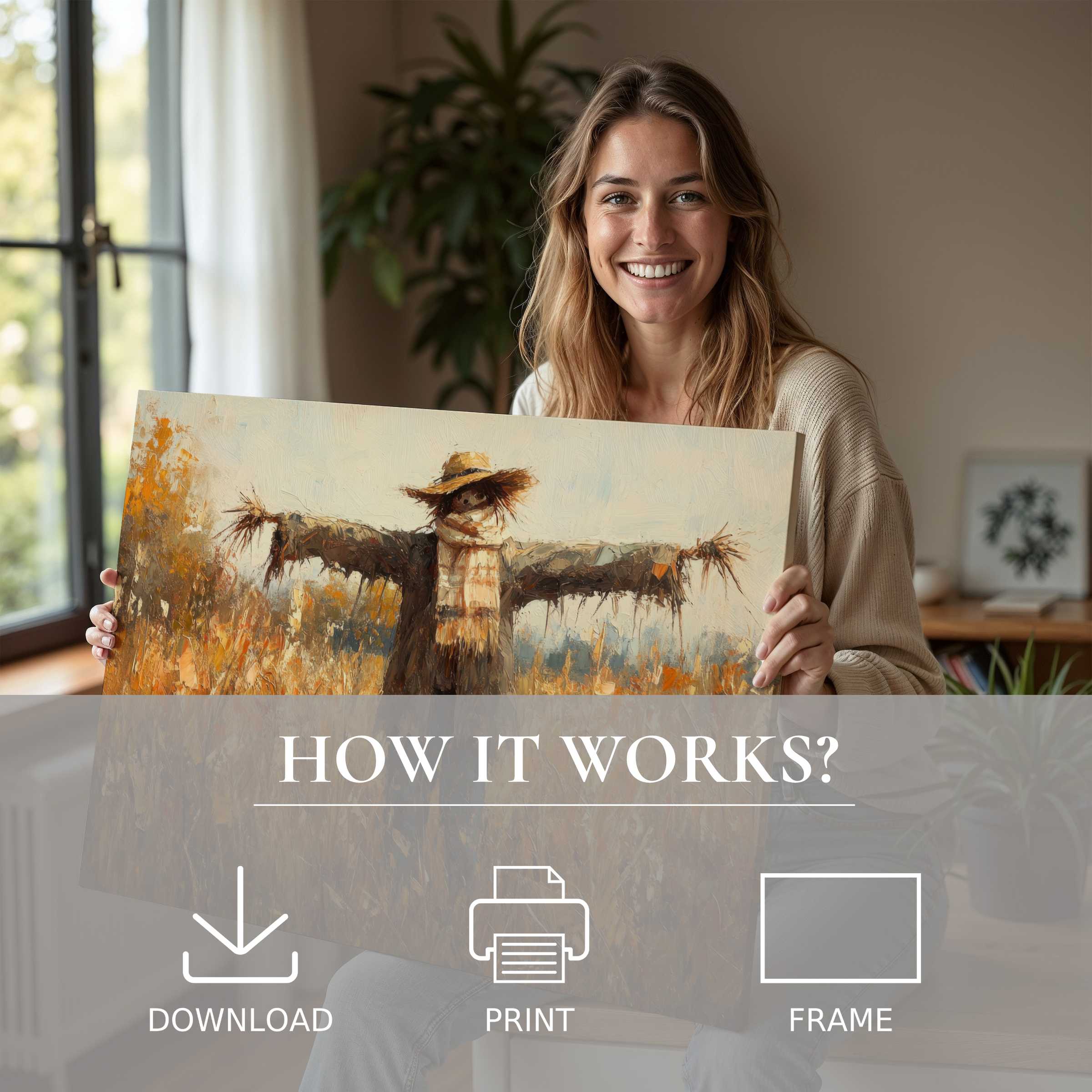 Woman in a serene modern home sharing a fall digital art print, evoking warmth and effortless joy in stylish decor
