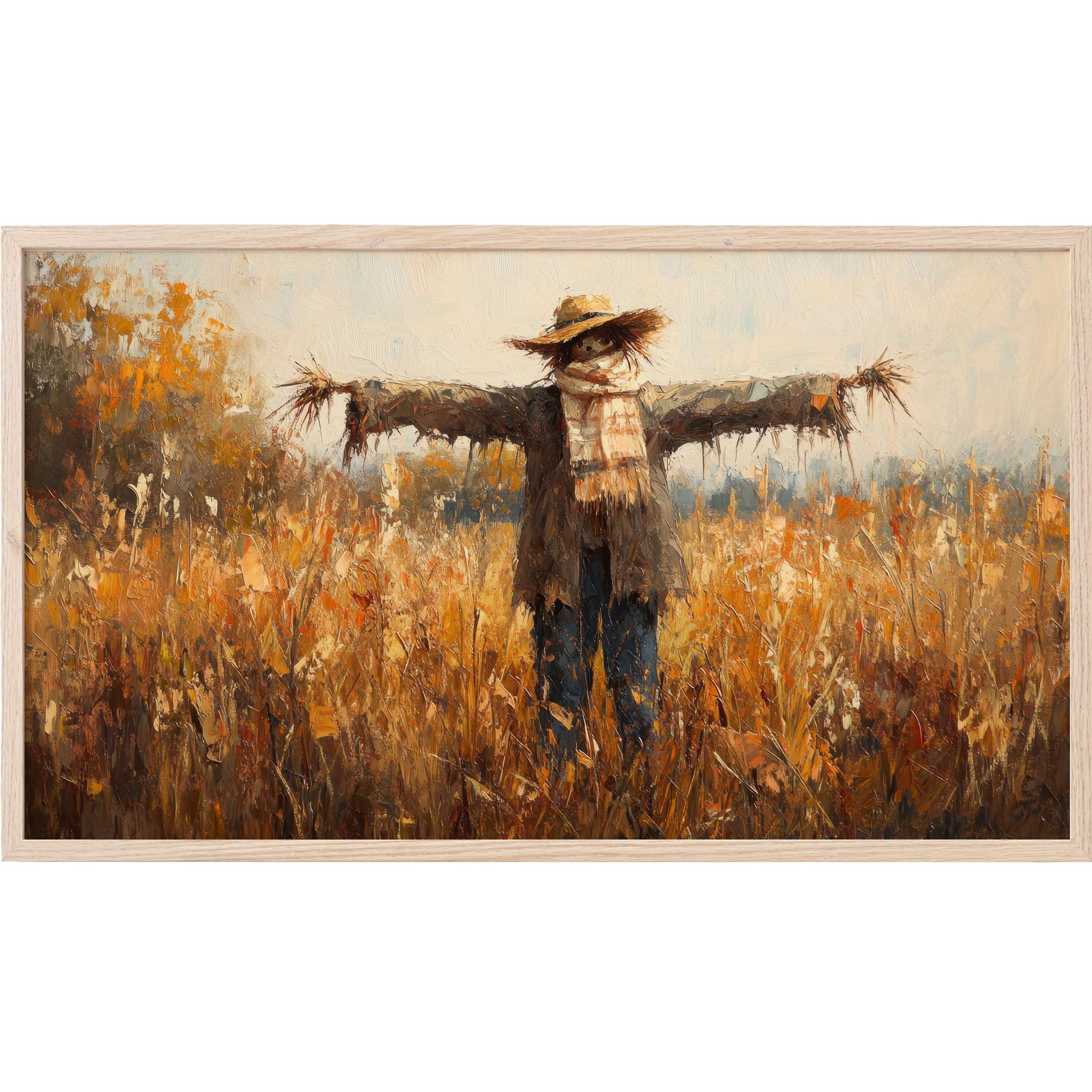 Fall Frame TV Art depicting a textured scarecrow in rich autumn tones of orange, brown, and beige, modern rustic style