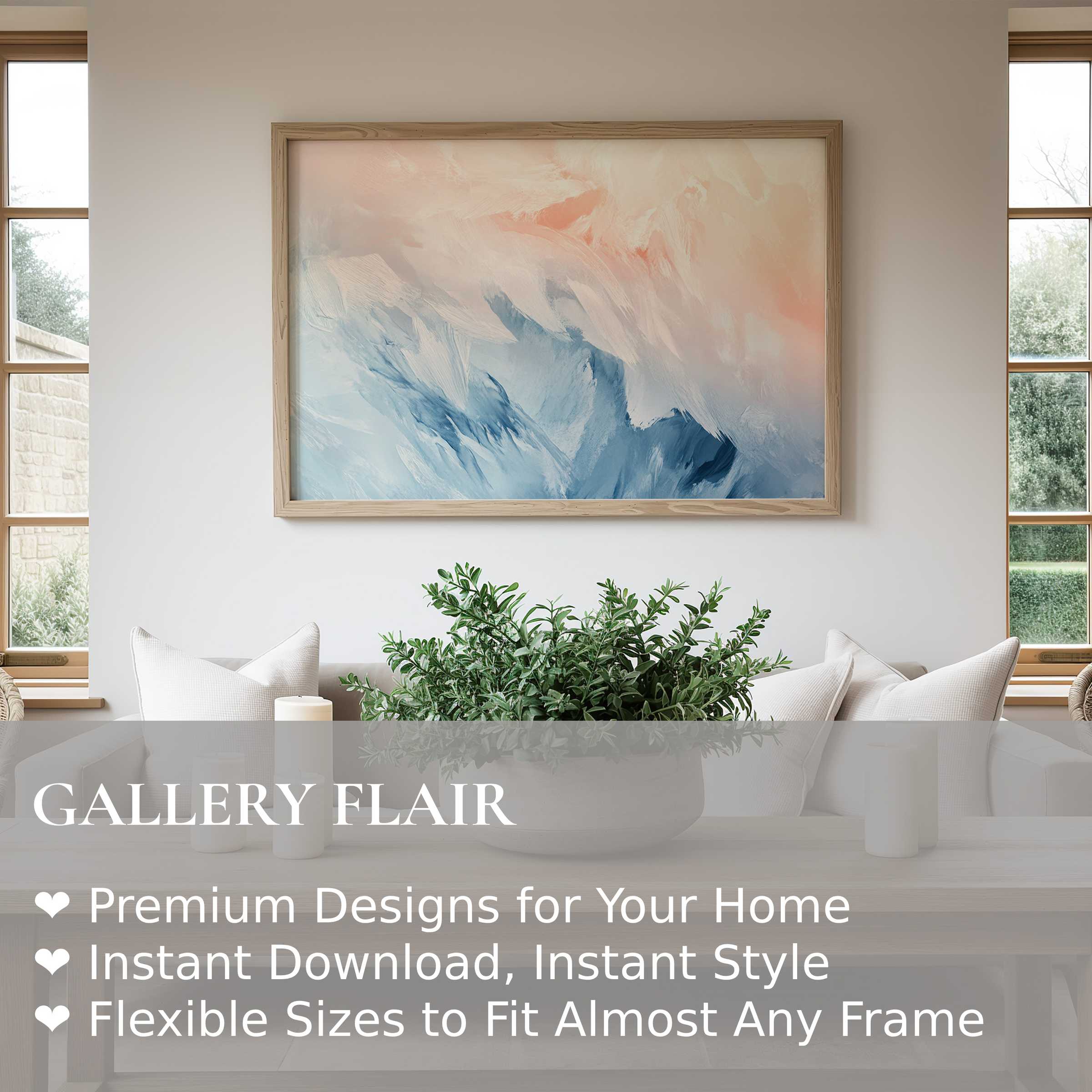 Abstract wall art print featuring soft coral and blue brushstrokes, adding a calming, modern touch to minimalist interiors