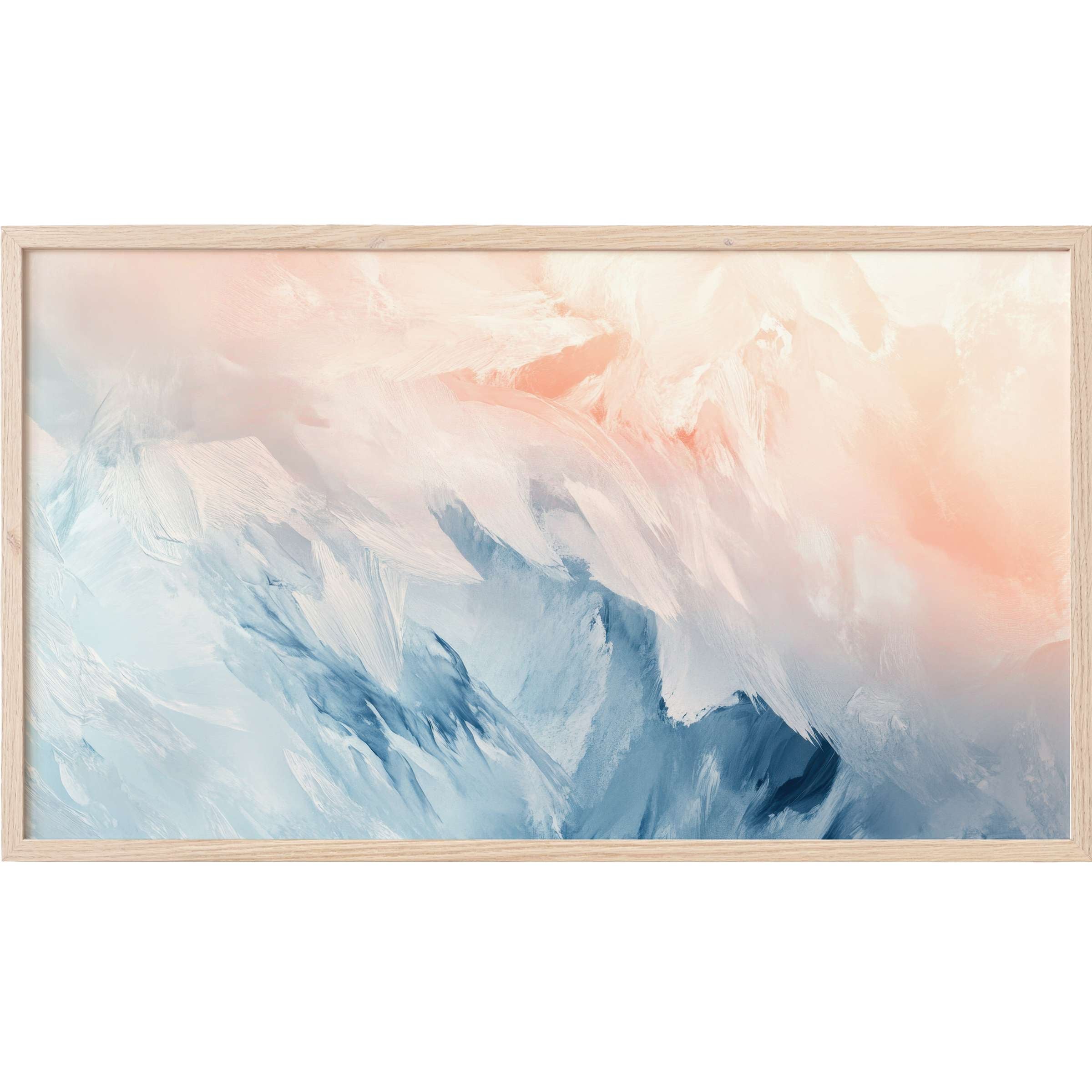 Soft pastel blues and peach blend in a fluid texture, elegant abstract Frame TV Art for contemporary interiors