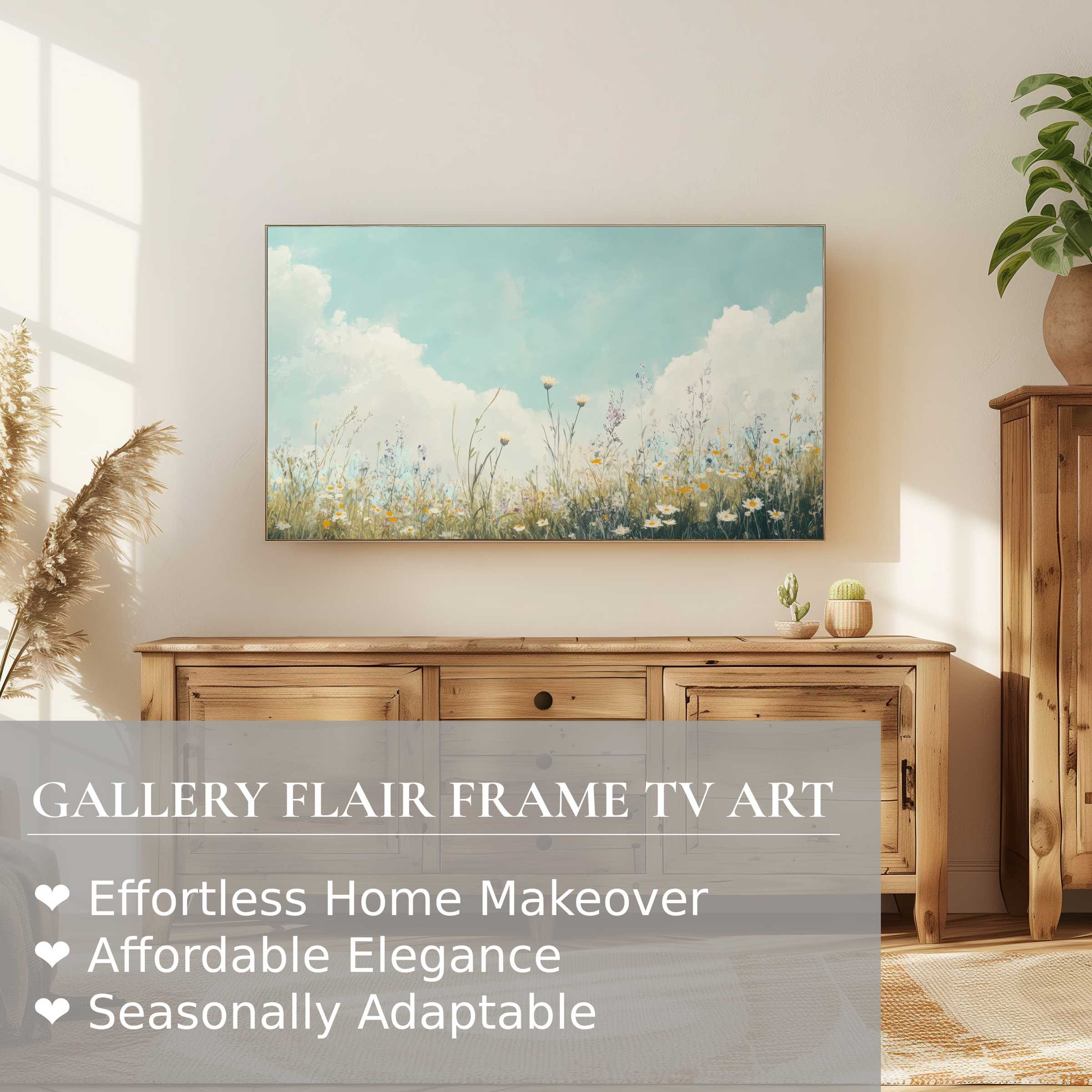 Samsung Frame TV showcases serene summer digital artwork, airy wildflowers and soft clouds, perfect for refined home decor