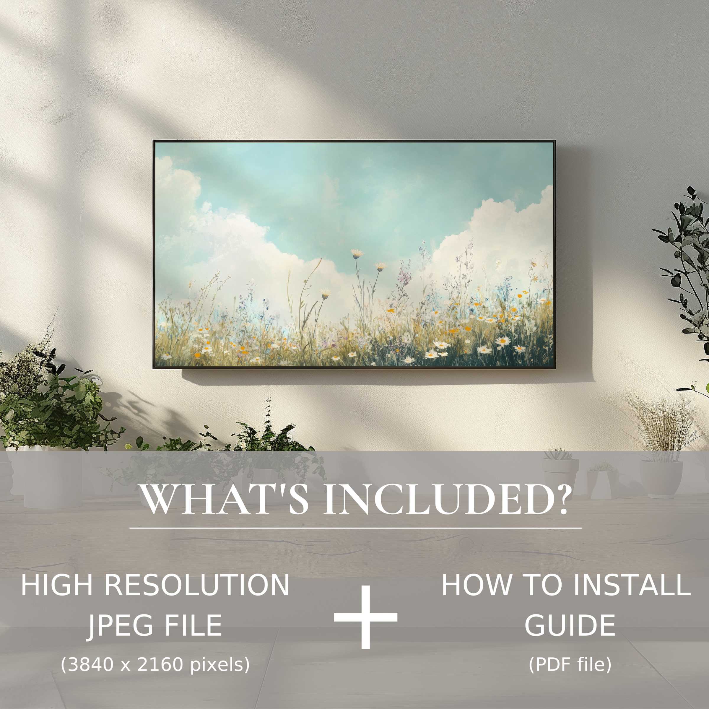 Elegant living room with summer digital TV art download, easy use enhances space with serene floral imagery