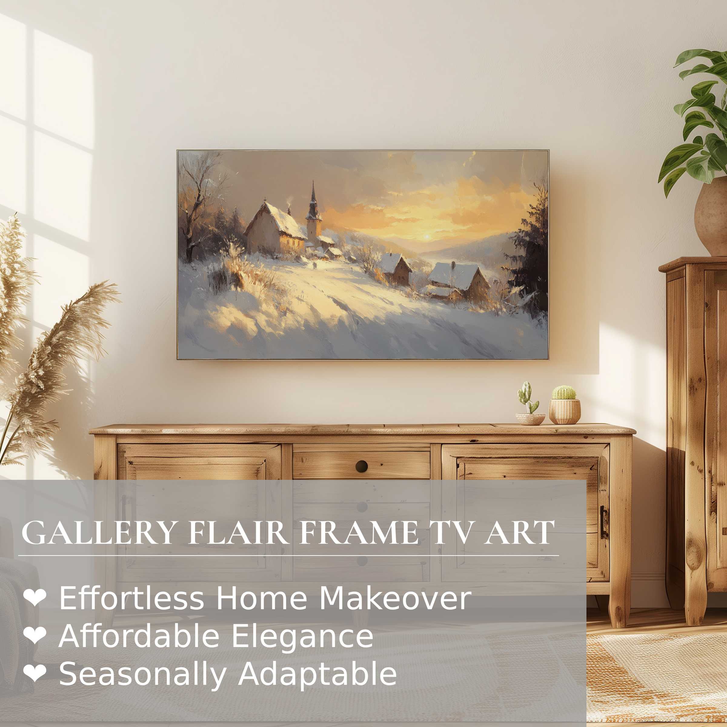 Samsung Frame TV displays elegant winter digital artwork of a serene snowy village in warm sunset light