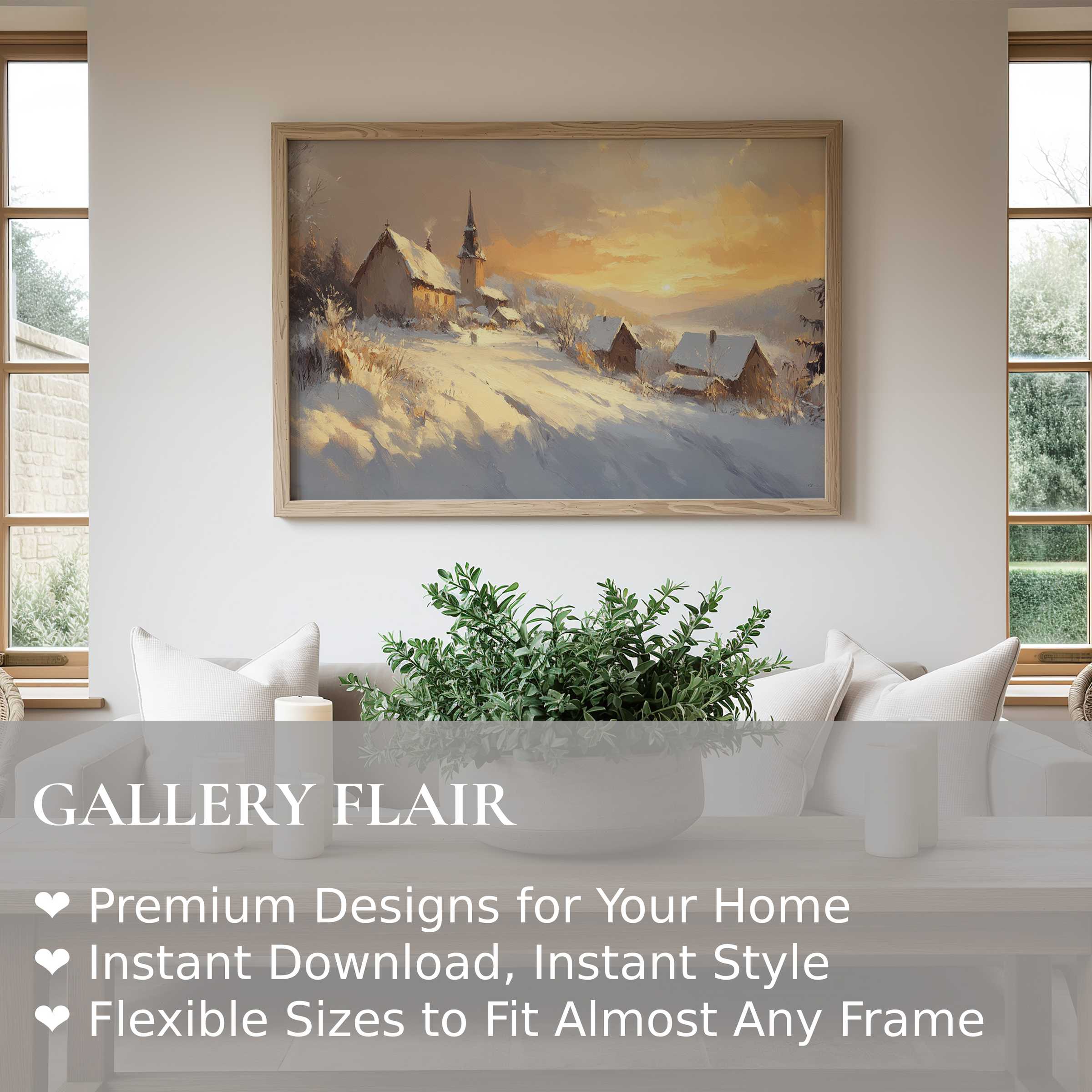 Winter wall art print capturing a serene snow-covered village at sunset; evokes calm, rustic elegance in modern farmhouse interiors