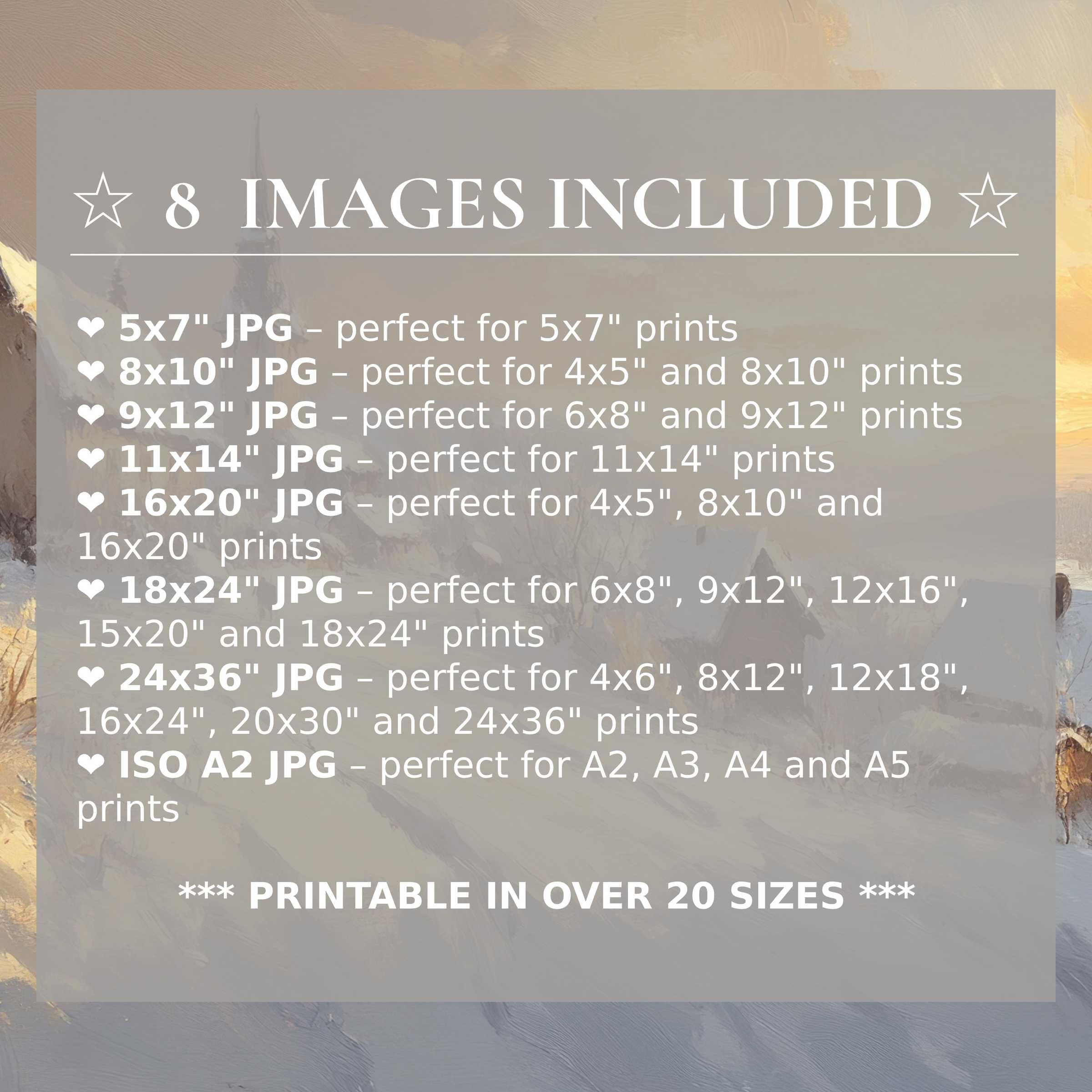 Winter digital print radiates calming icy blues and warm golds, elevating modern interiors with style and flexibility; includes 8 high-quality sizes