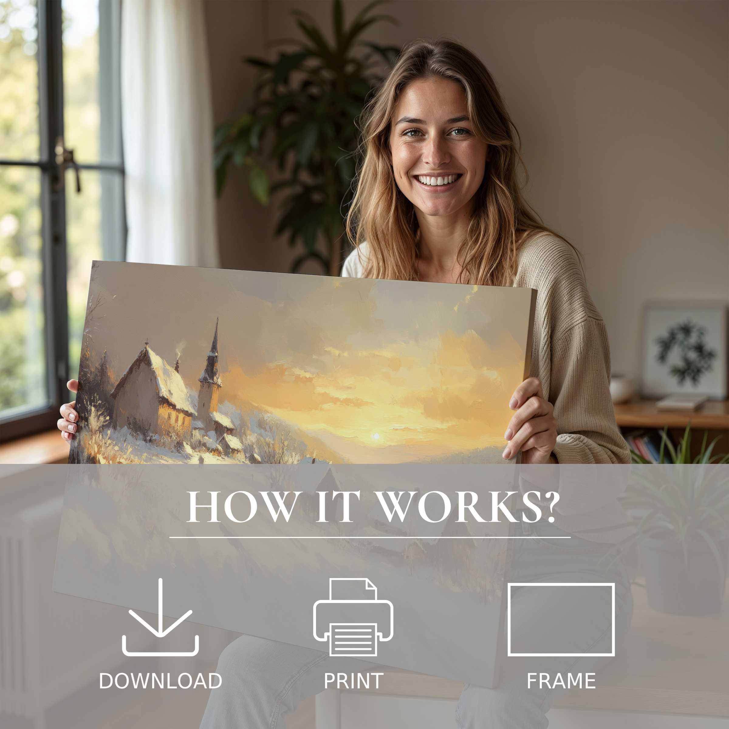 Elegant winter digital art print radiates warmth and tranquility, transforming modern spaces into havens of joy and connection