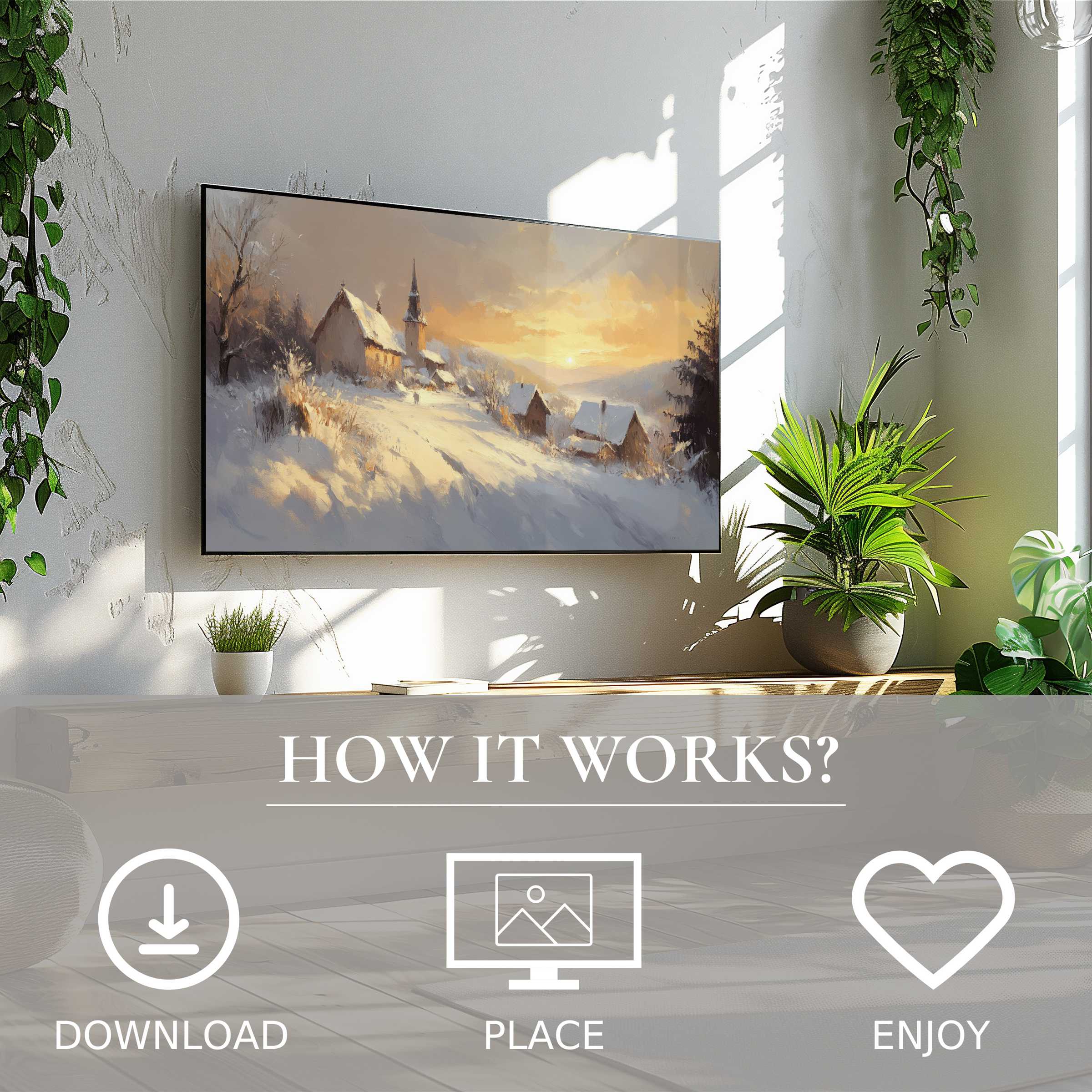 Winter art for Samsung TV shows soft sunset tones on a snowy village, easy digital download brightens modern living spaces