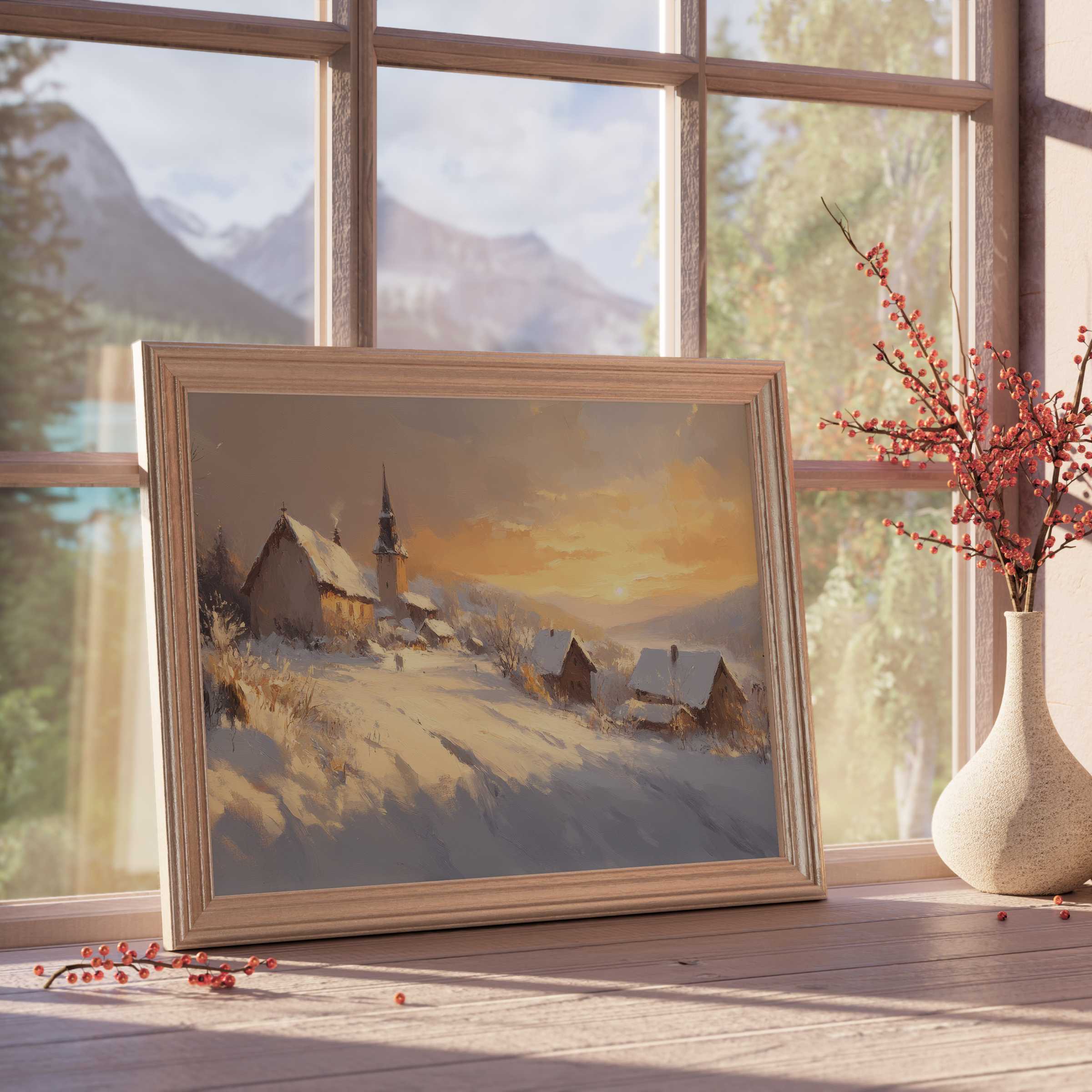 Winter downloadable art capturing a serene alpine village at sunset, enhancing refined, tranquil interiors with warm hues