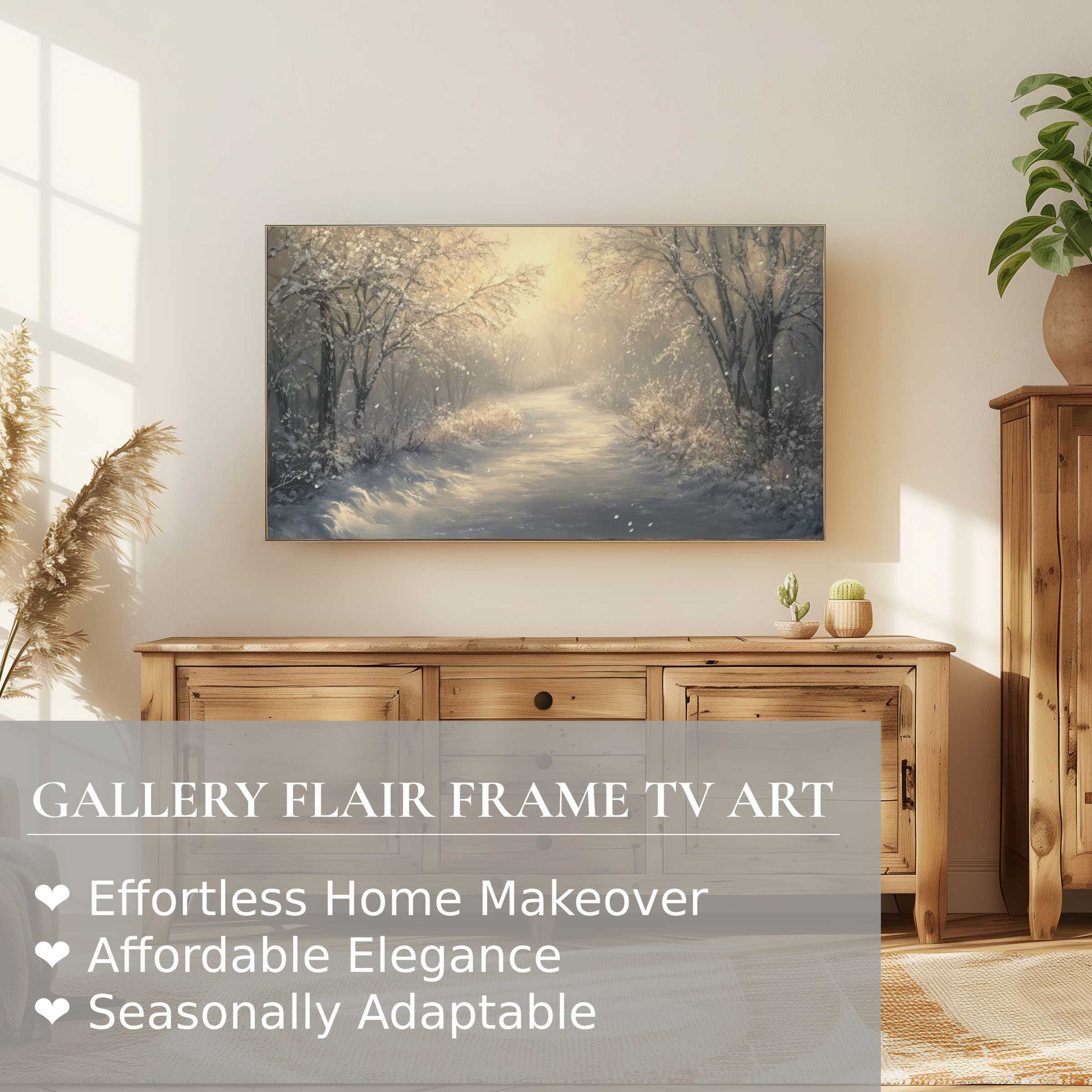 Samsung Frame TV showcasing serene christmas digital artwork in a modern, warm living space with natural wood accents