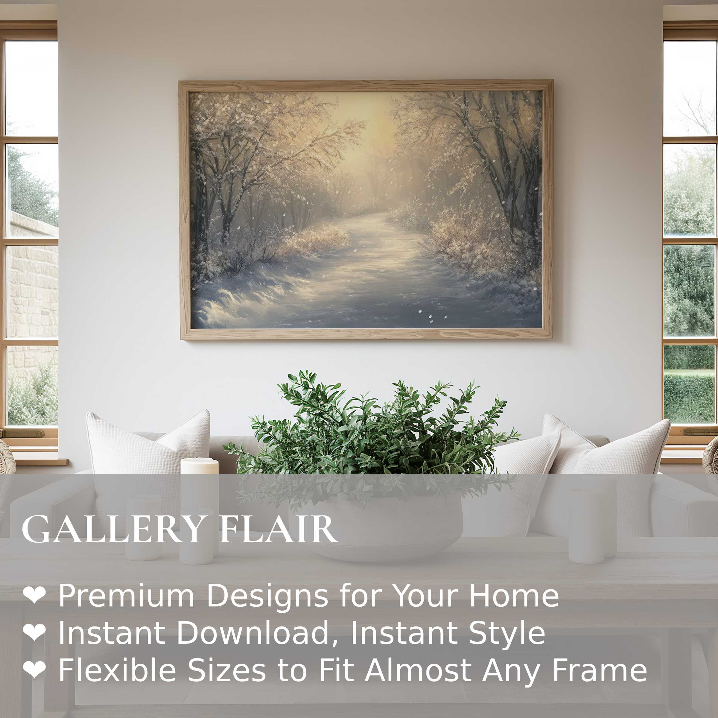 Elegant Christmas wall art print capturing a serene, snowy forest pathway in soft, radiant tones Enhances modern, minimalist living spaces with a calming, festive ambiance and timeless winter charm Perfect seasonal home decor