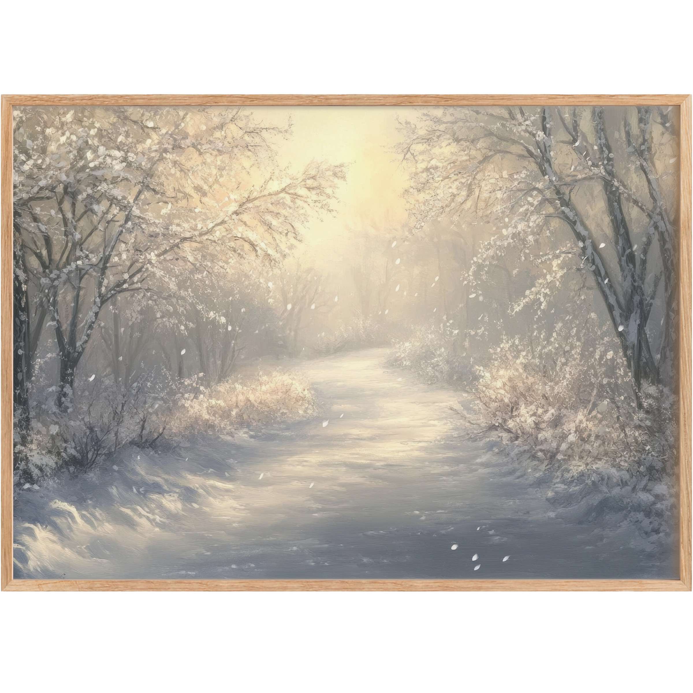 Evoke serene wonder with this Christmas printable wall art, where soft golds and silvers create a radiant, peaceful winter glow