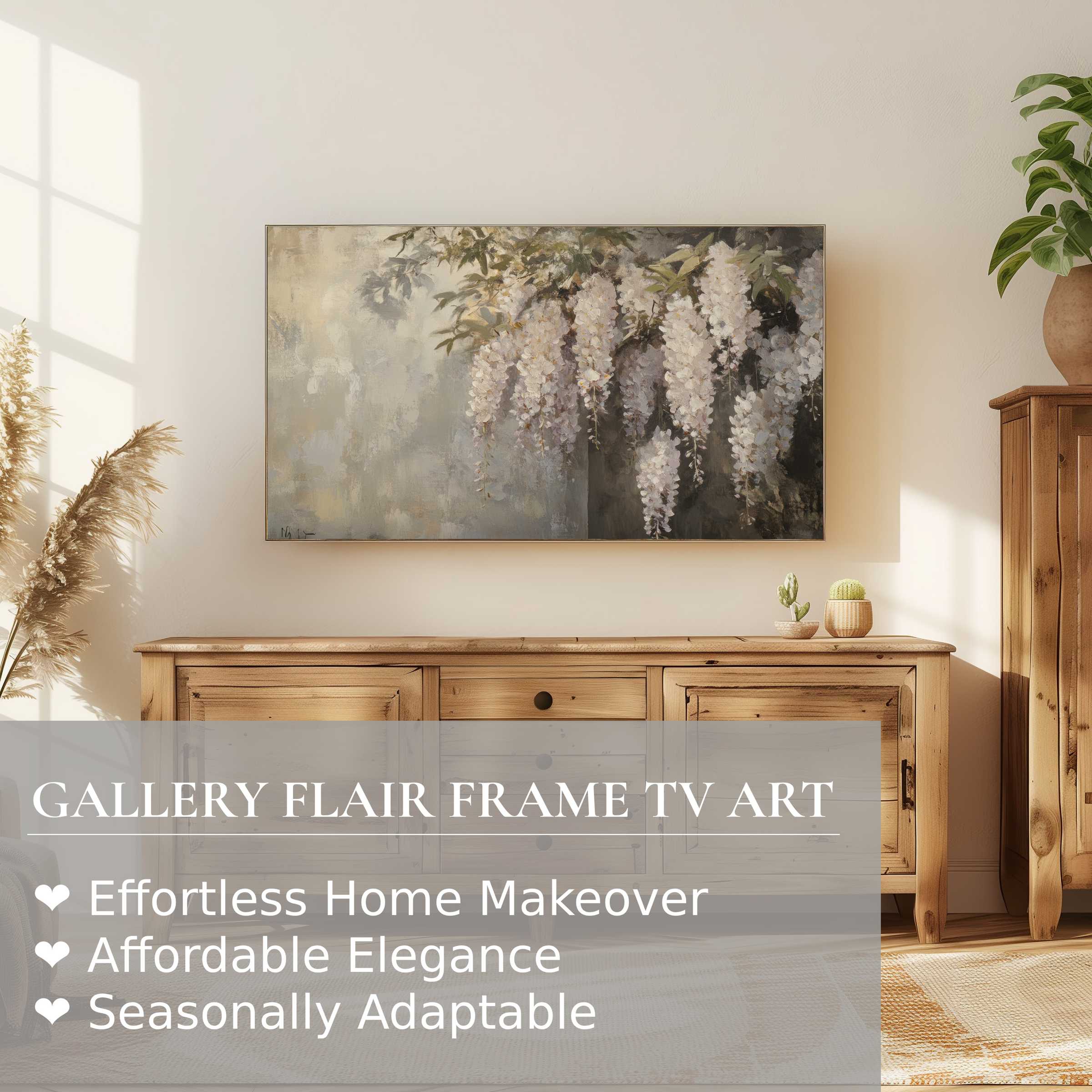 Samsung Frame TV showcasing botanical digital artwork of cascading white blooms in elegant, modern neutral-toned setting