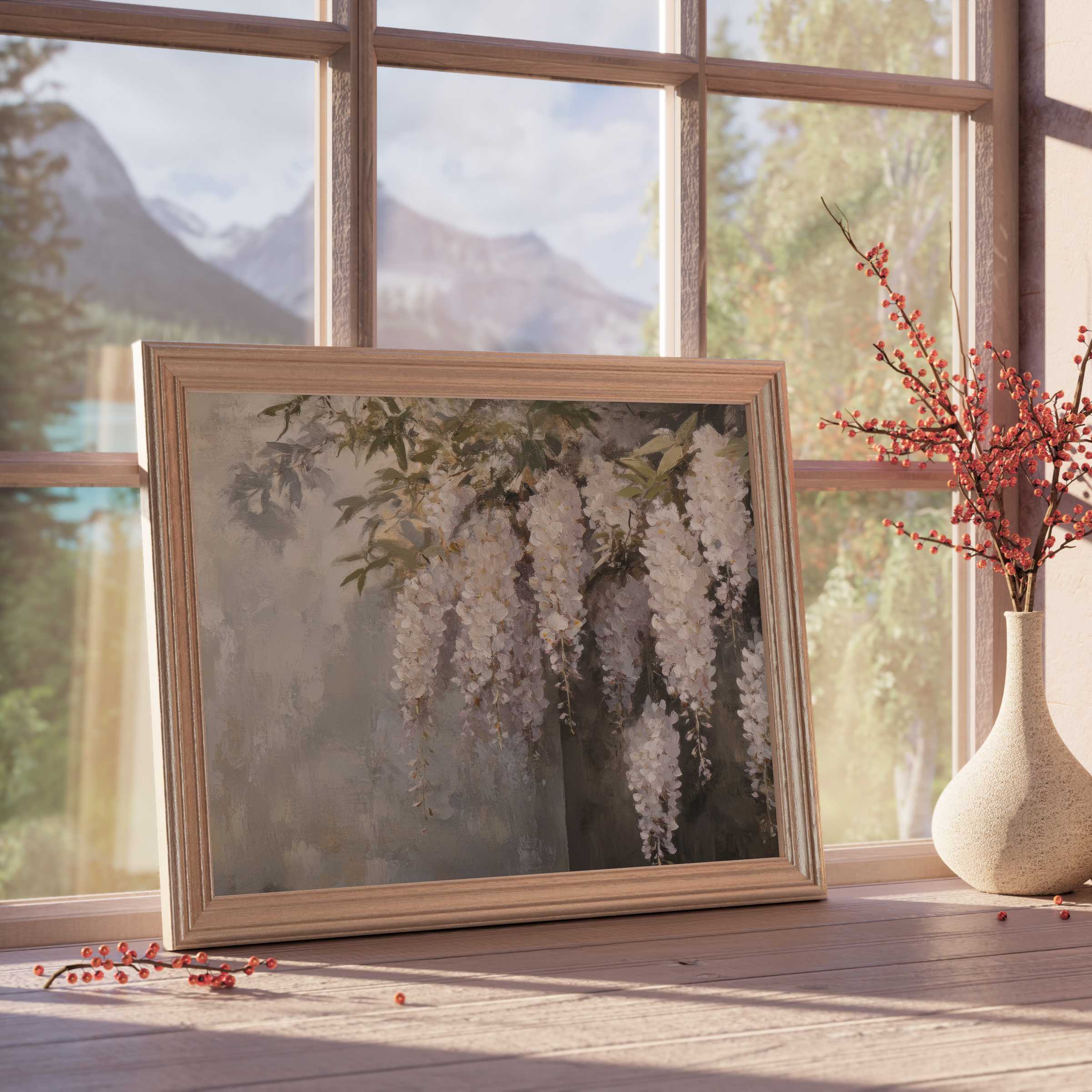 Botanical downloadable art capturing cascading wisteria in soft hues, elevating serene, curated interiors with timeless elegance