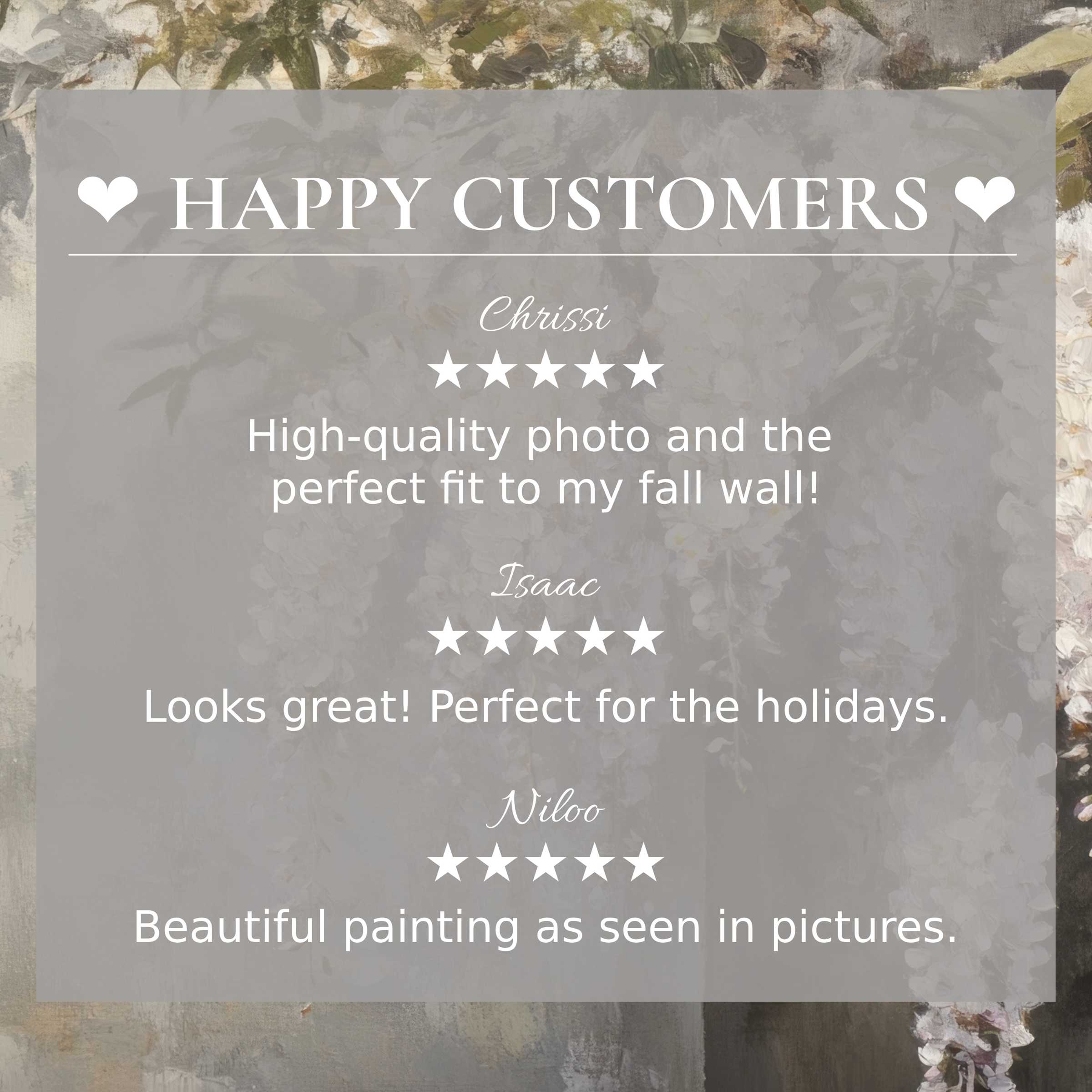 Elegant botanical art for Frame TV with muted floral background, showcasing happy customer reviews that inspire trust