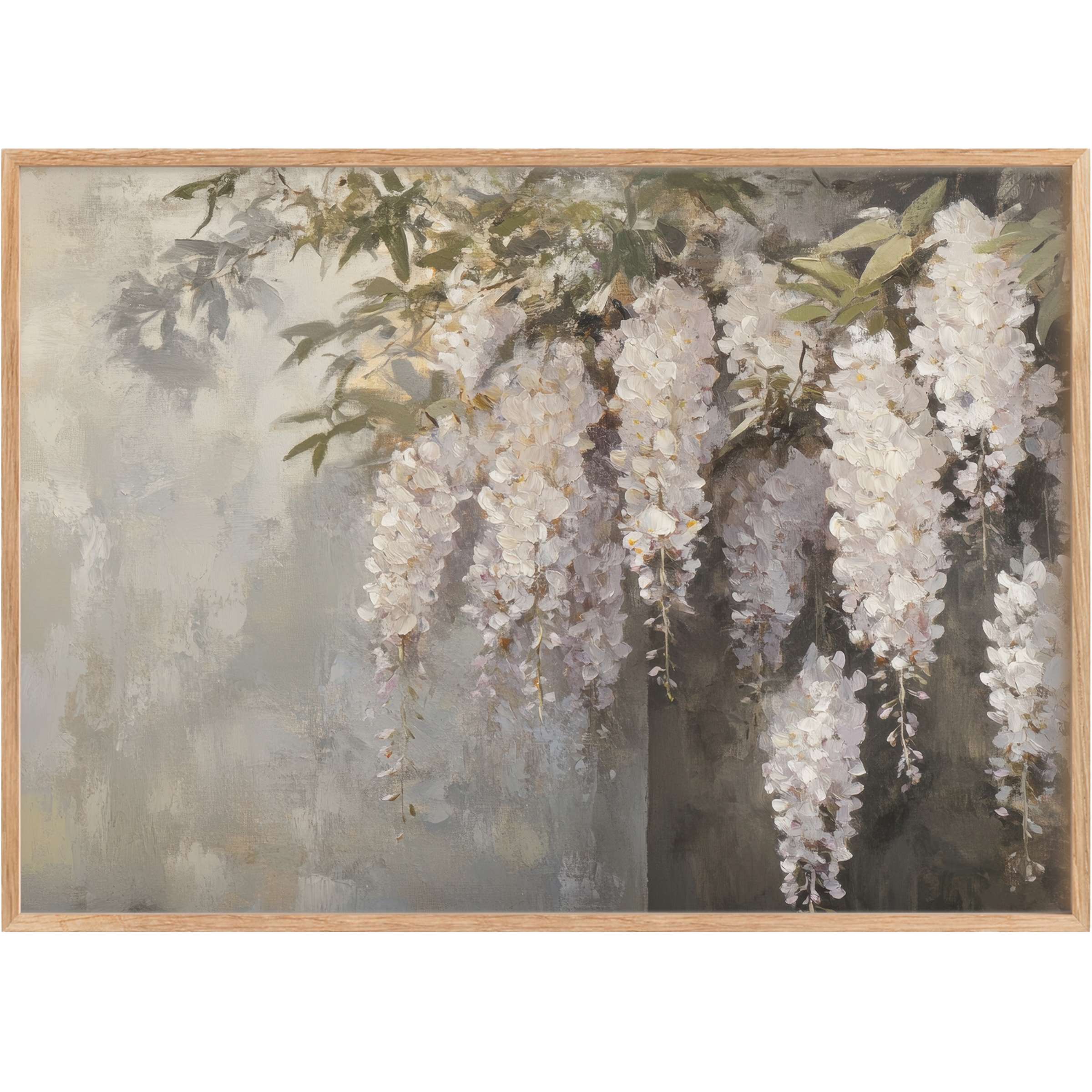 Elegant botanical printable wall art featuring cascading white wisteria, evoking a serene and timeless ambiance with soft greens and grays