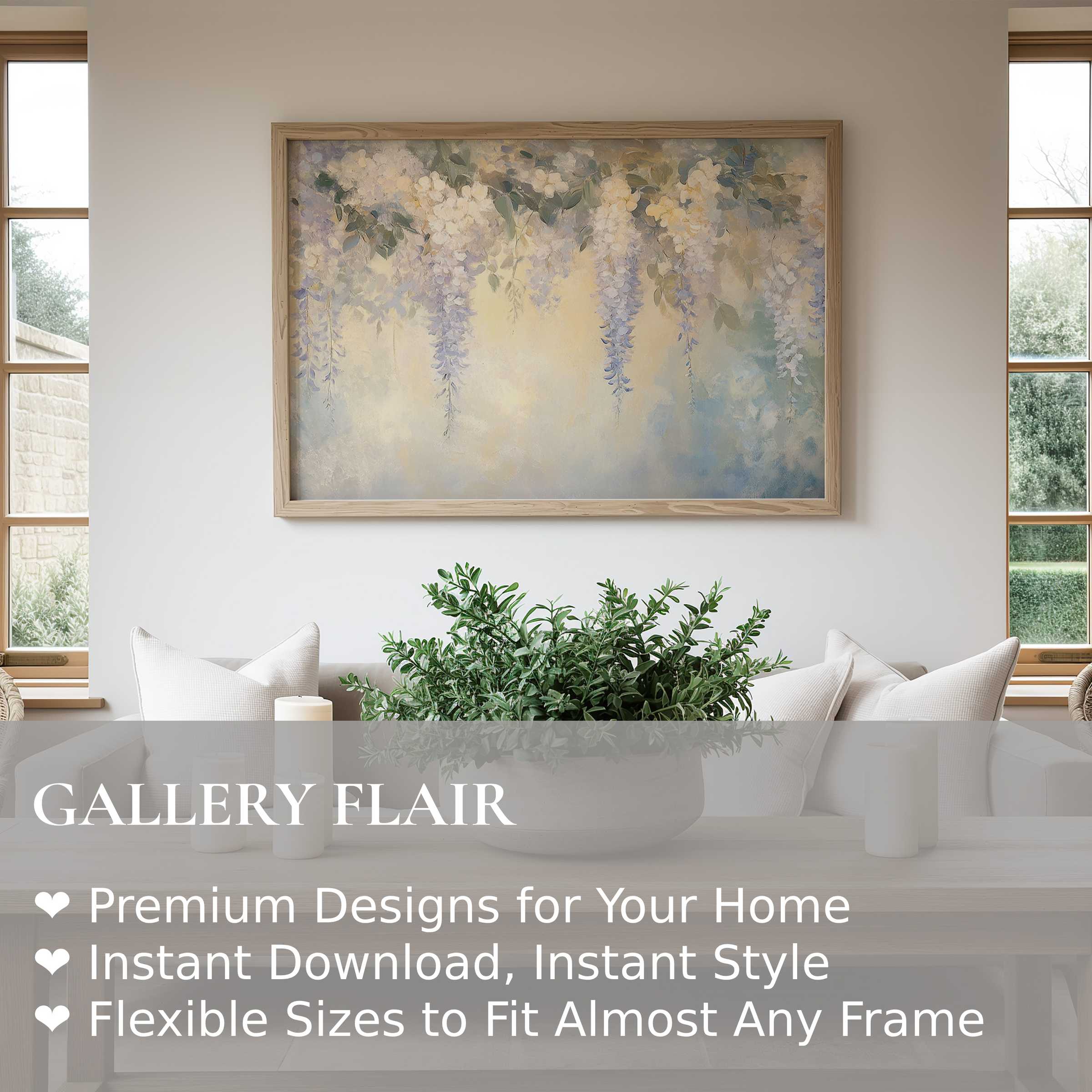 Vintage wall art print featuring soft cascading wisteria blossoms in pastel hues, adding serene elegance to a modern minimalist living room