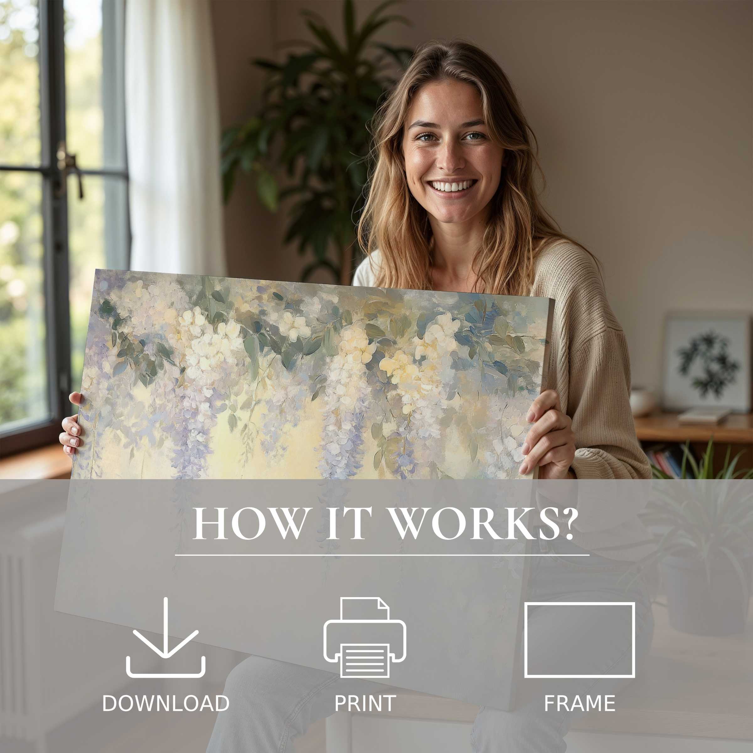 Joyful woman embraces a vintage digital art print in soft pastels, embodying serene elegance and effortless style at home