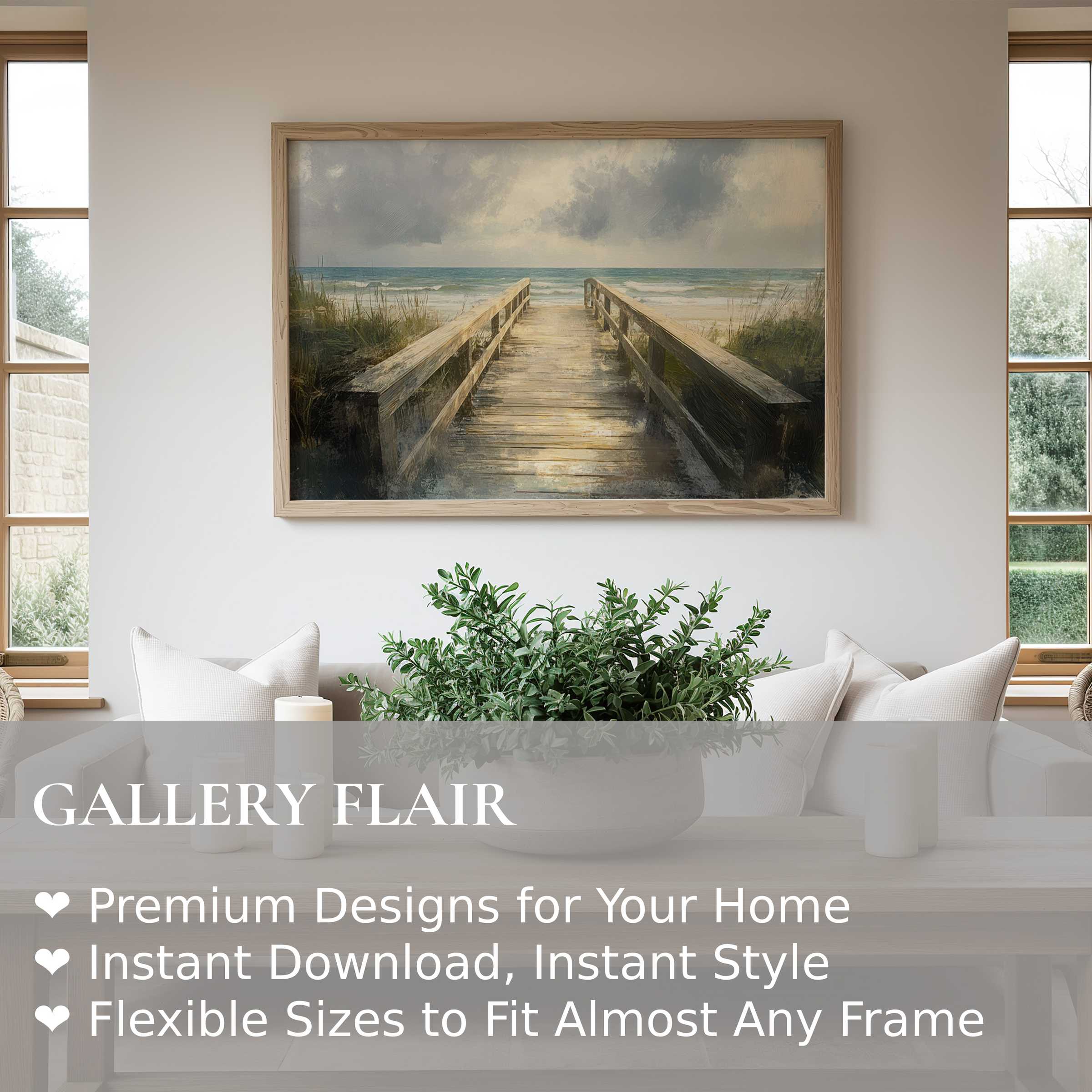 Serene beach wall art print featuring a radiant wooden boardwalk to ocean waves; enhances modern coastal interiors with calming elegance