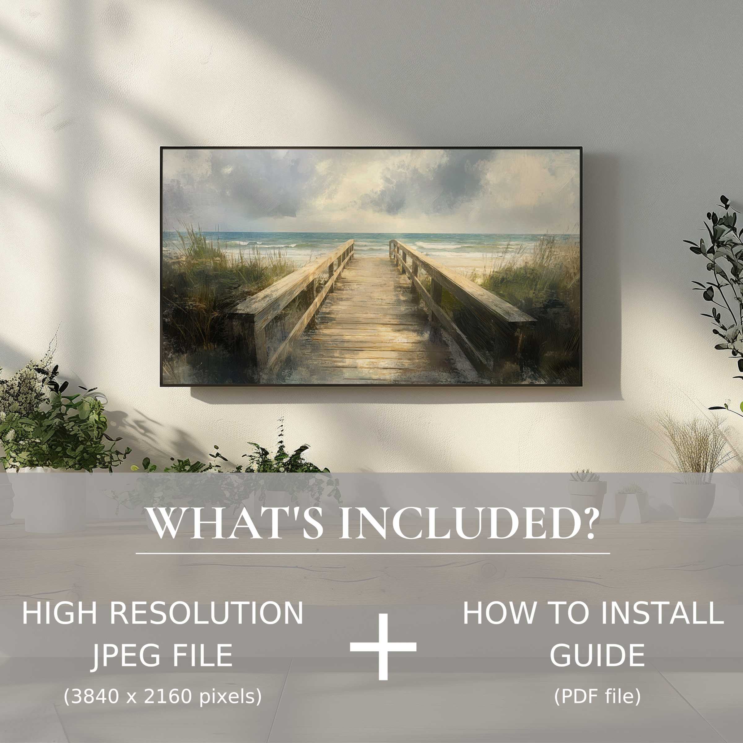 Elegant beach digital TV art download, easily enhances modern living spaces with serene coastal imagery
