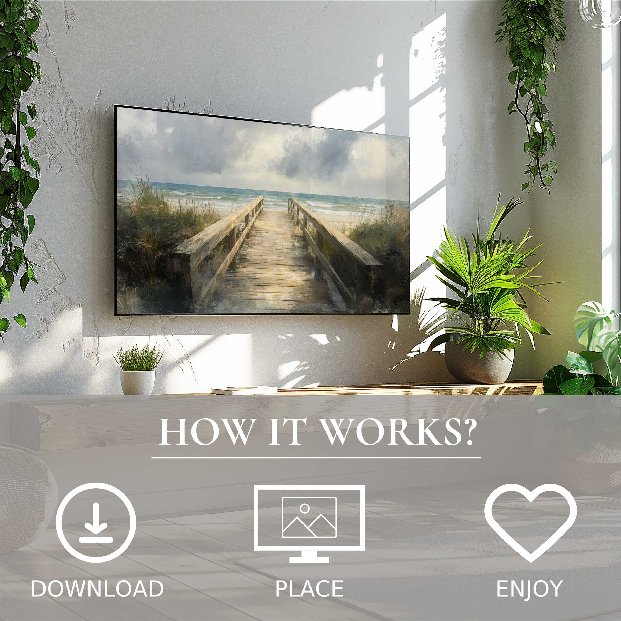 Modern living space with easy digital download beach art for Samsung TV, featuring soft sunset tones and serene wooden path