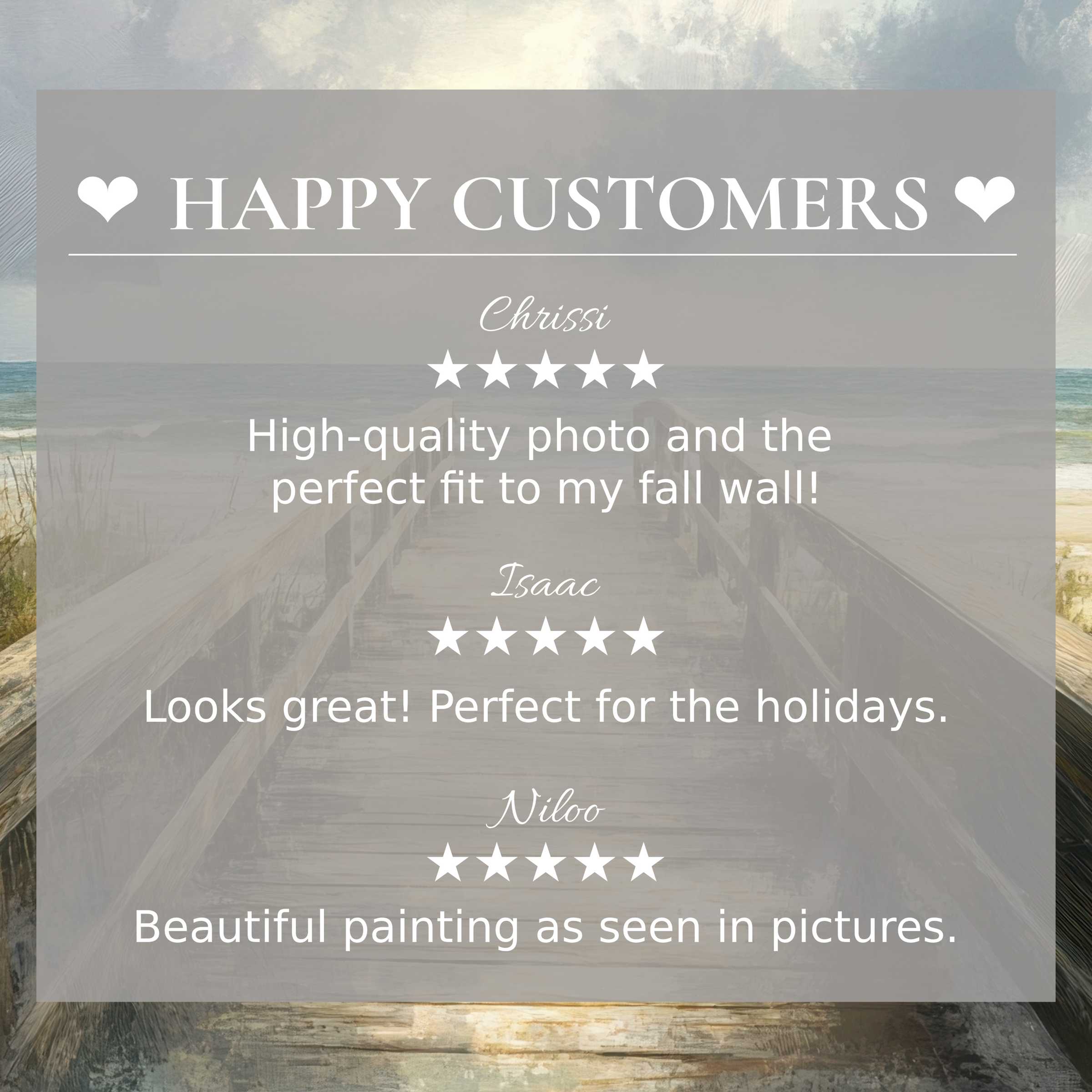 Beach art for Frame TV with abstract sky and sea backdrop, showcasing happy customer reviews and refined design trust