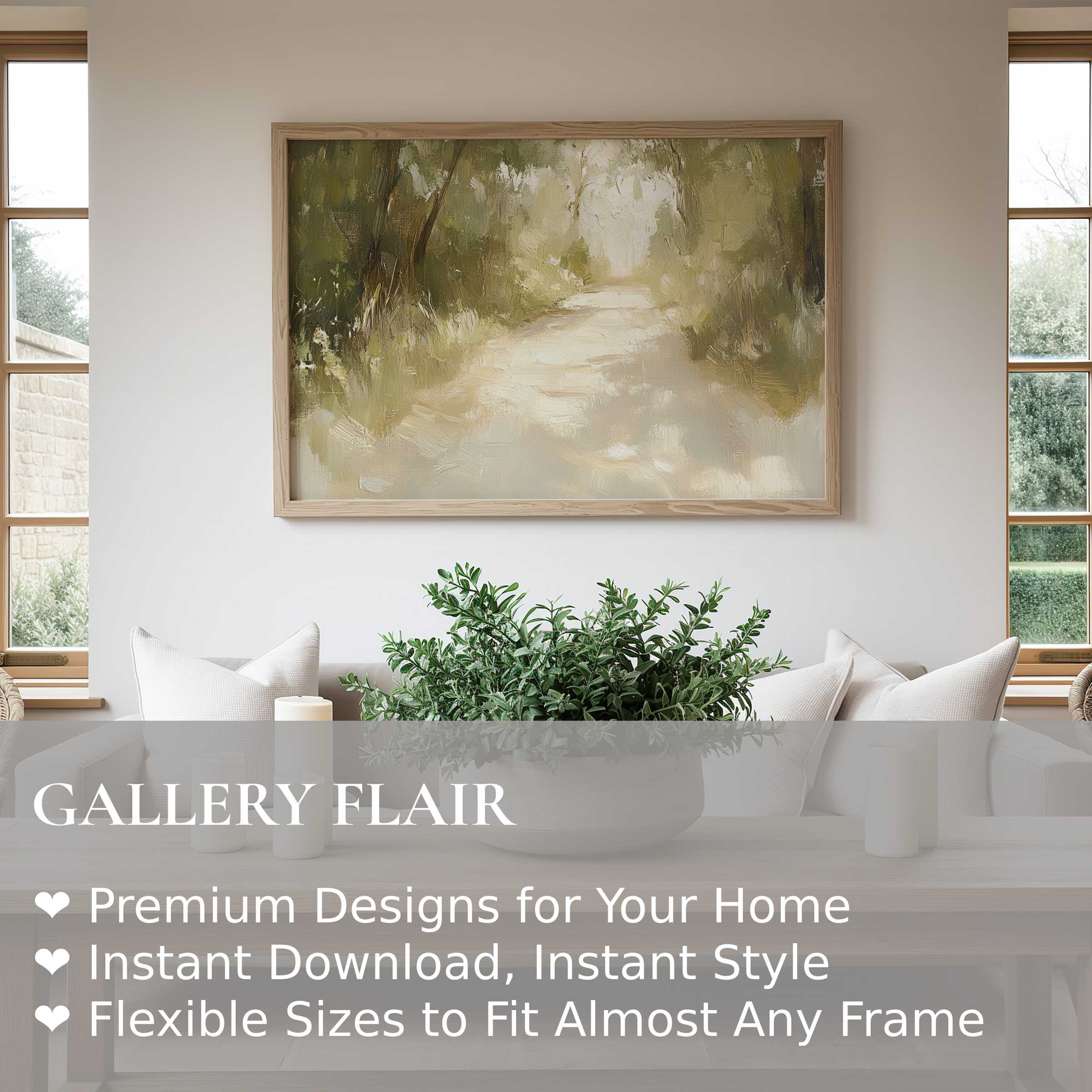 Serene spring wall art print featuring a soft, radiant forest path in muted greens, perfect for modern minimalist living spaces