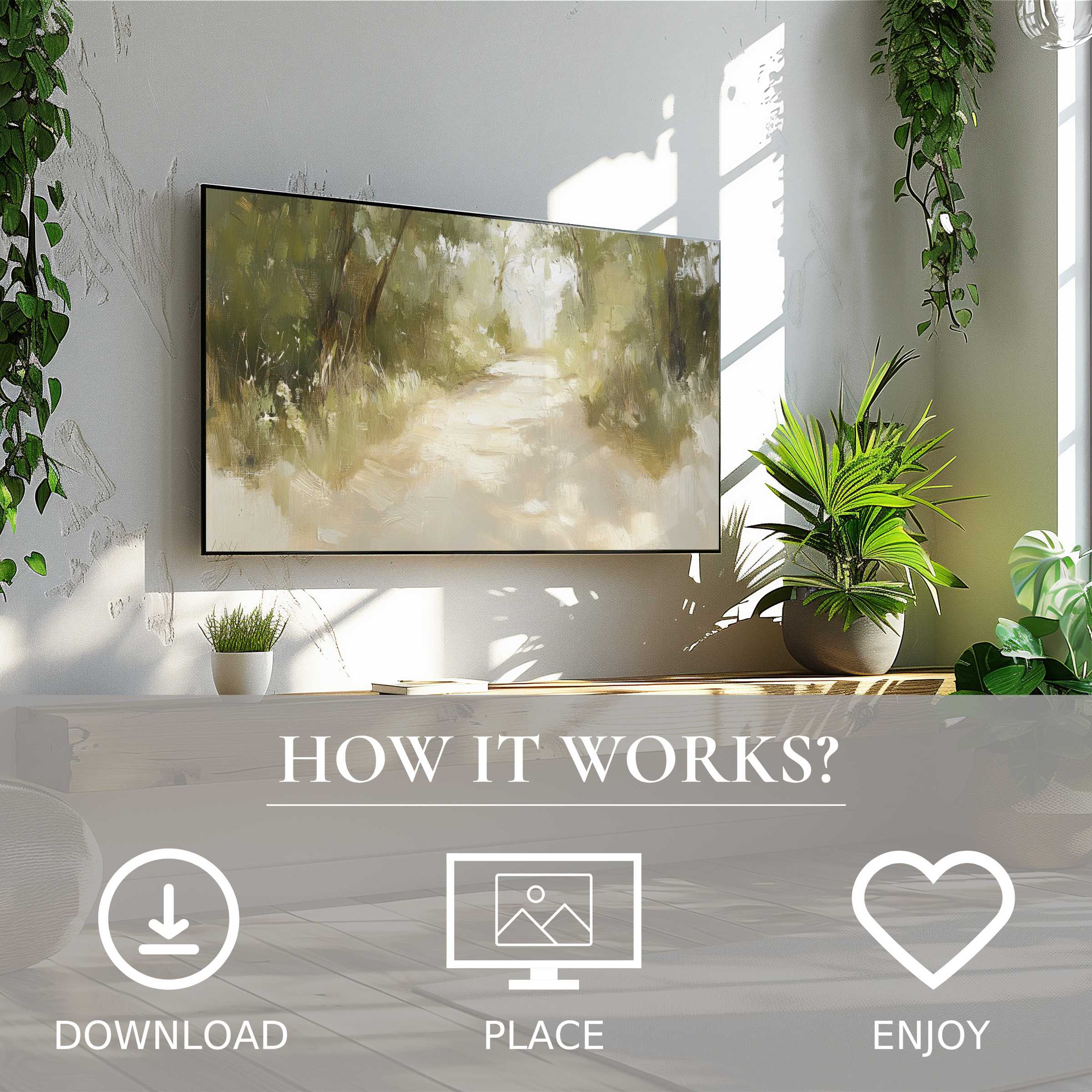 Spring art for Samsung TV shows soft green tones and a serene forest path, easy digital download enriches any space